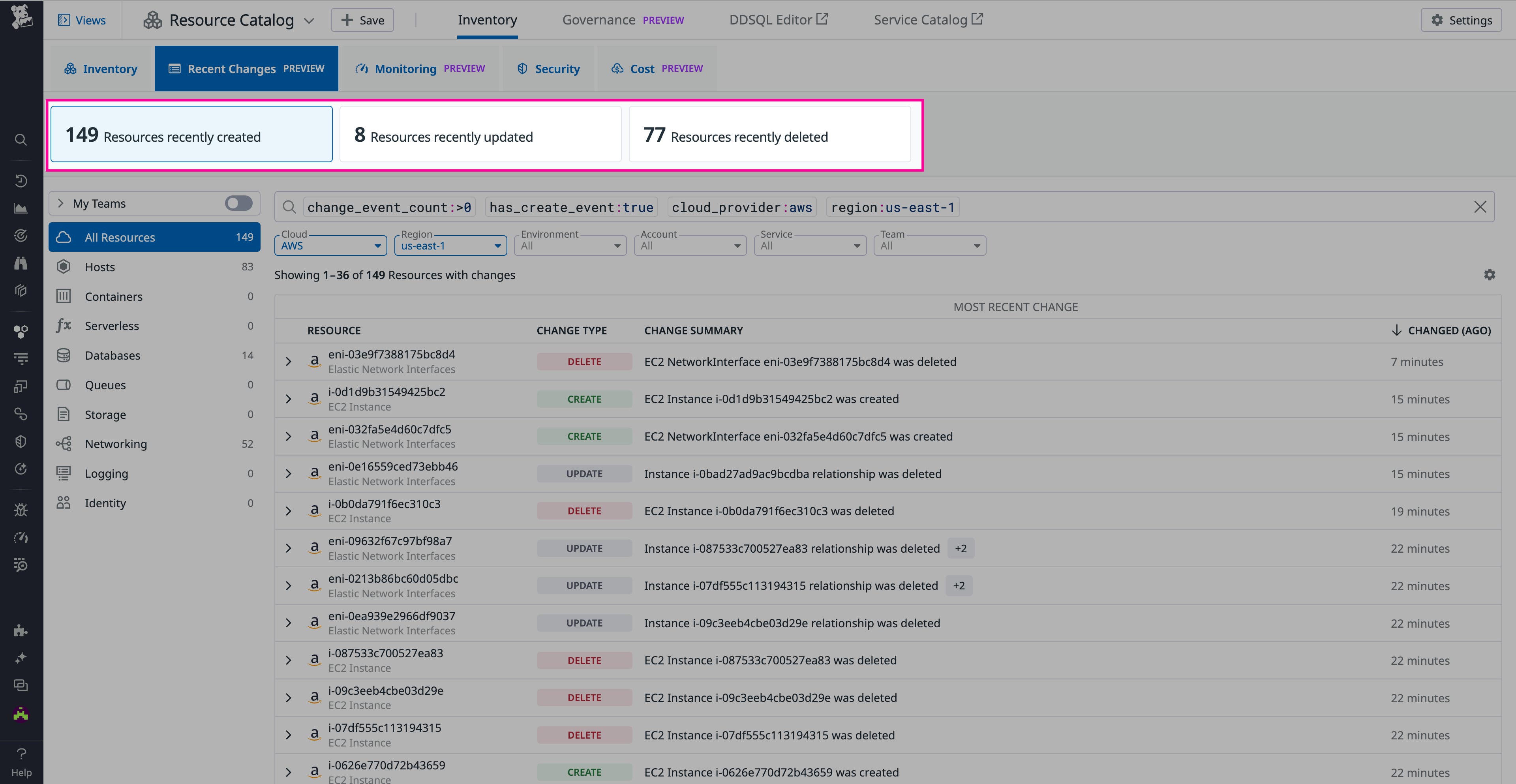 Resource Changes tab with query cards highlighted Resource Changes tab with query cards highlighted