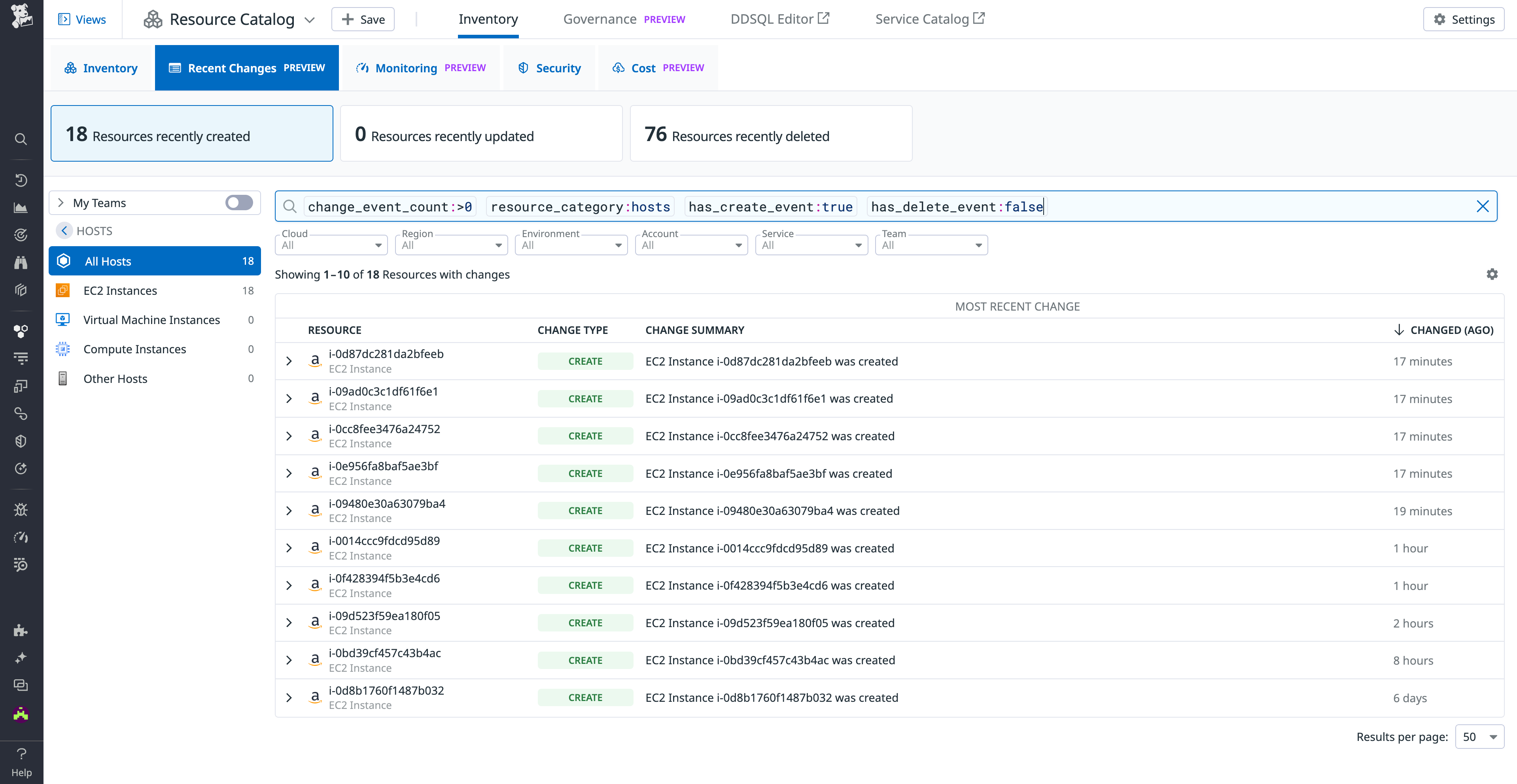 Resource Changes tab scoped to hosts created over the past week