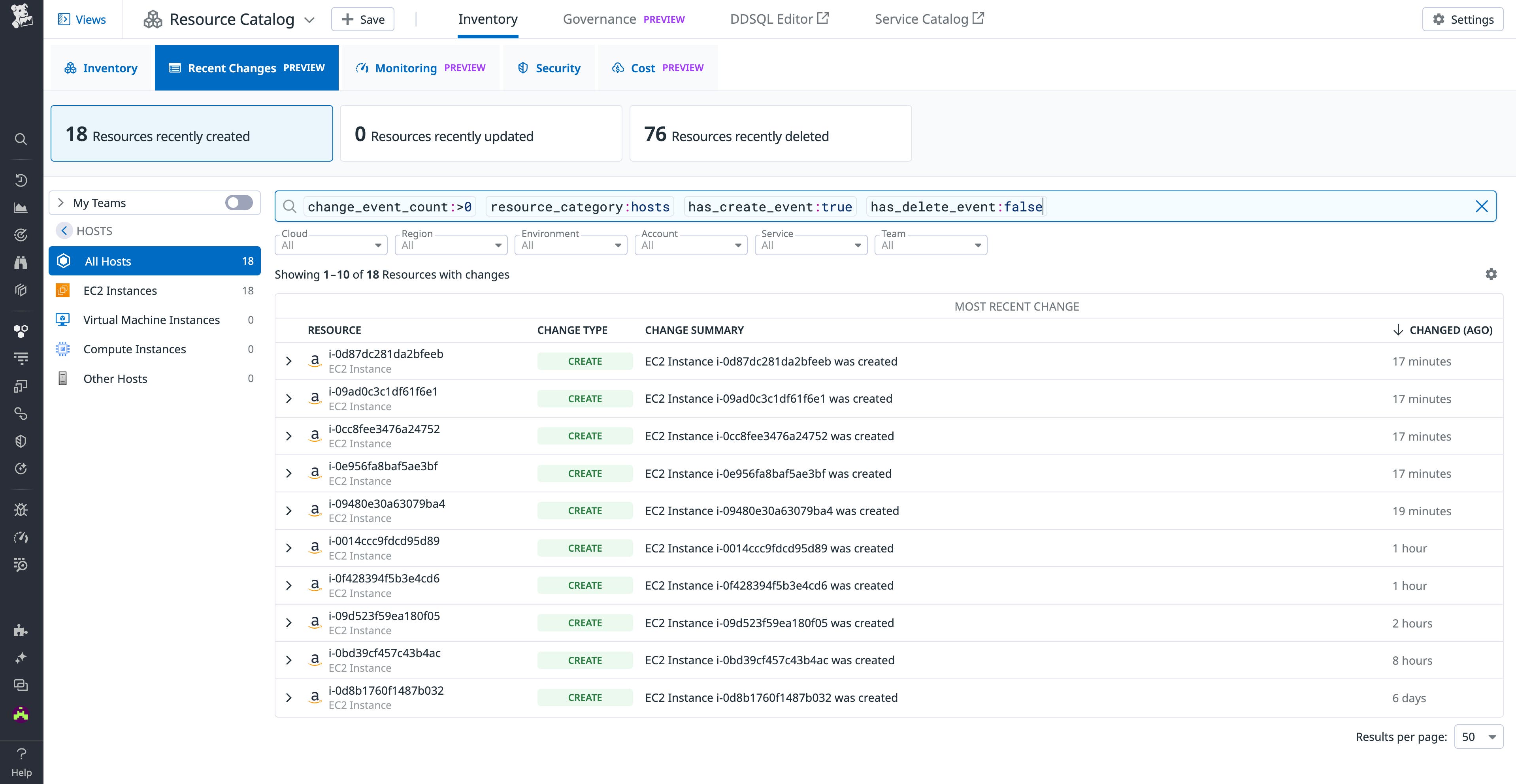 Resource Changes tab scoped to hosts created over the past week Resource Changes tab scoped to hosts created over the past week