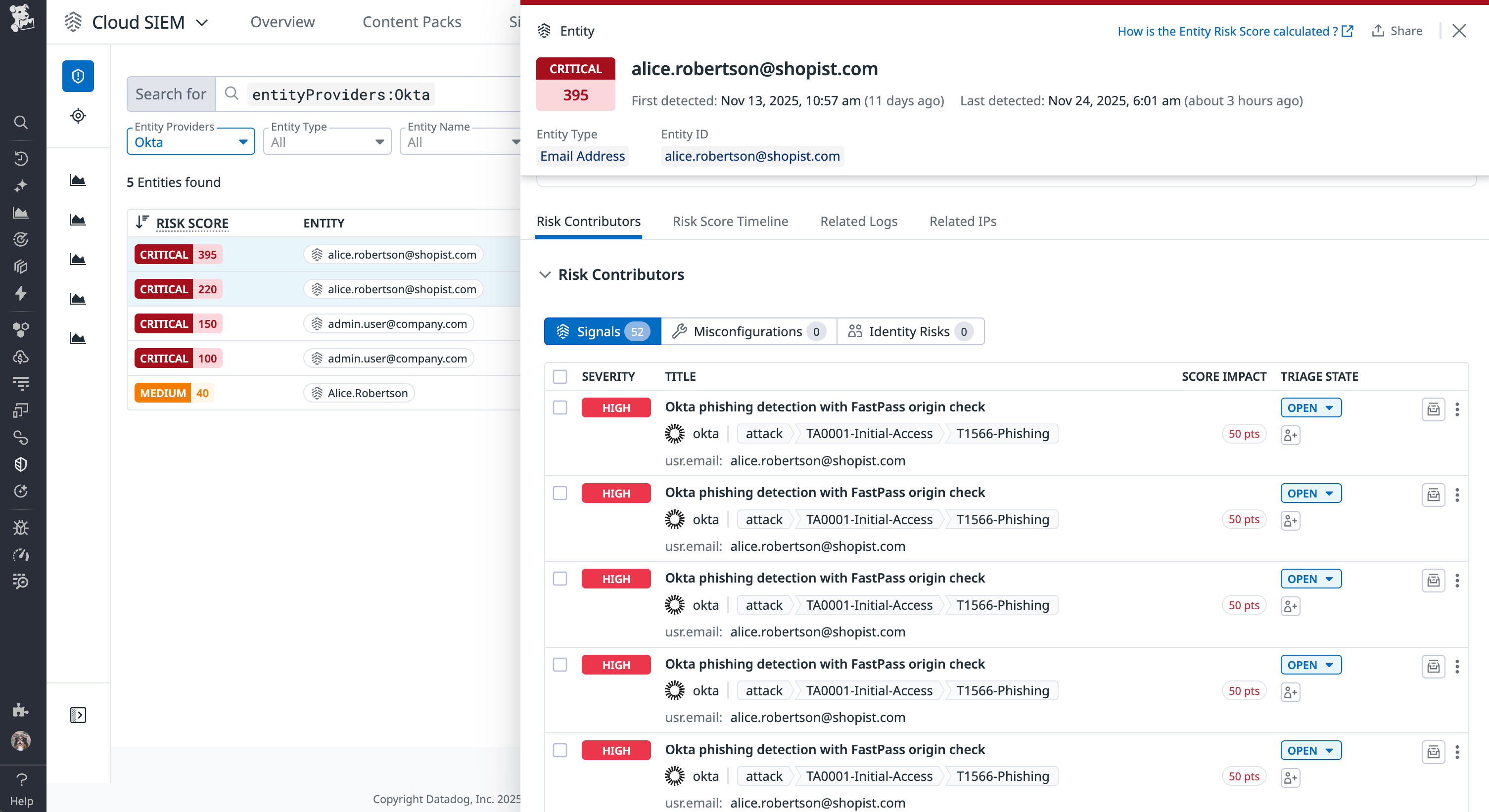 Use the Entity Side Panel to review an Okta entity's context and risk score breakdown.