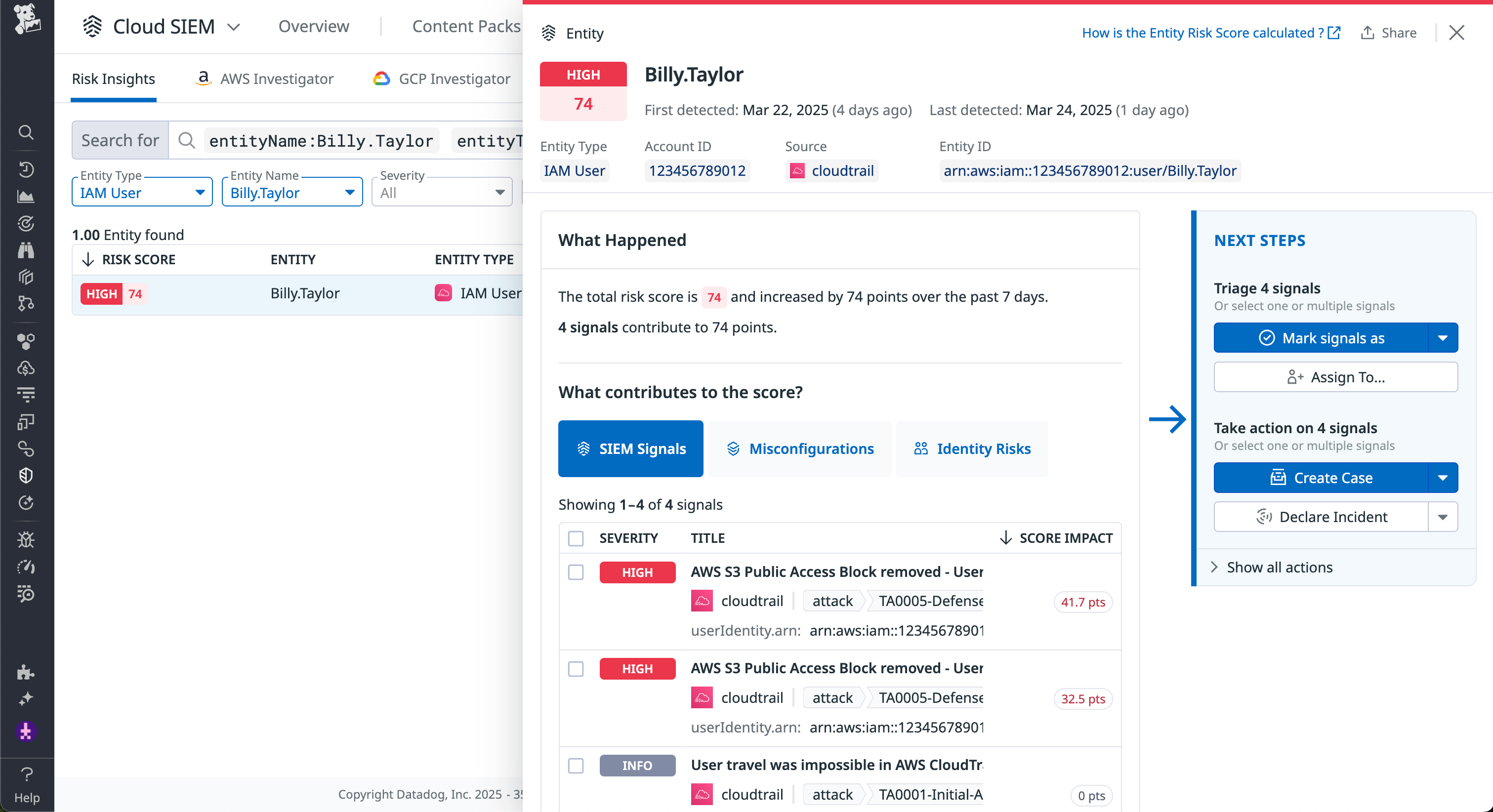 Identify risky behavior in cloud environments with Datadog Cloud SIEM Risk Insights