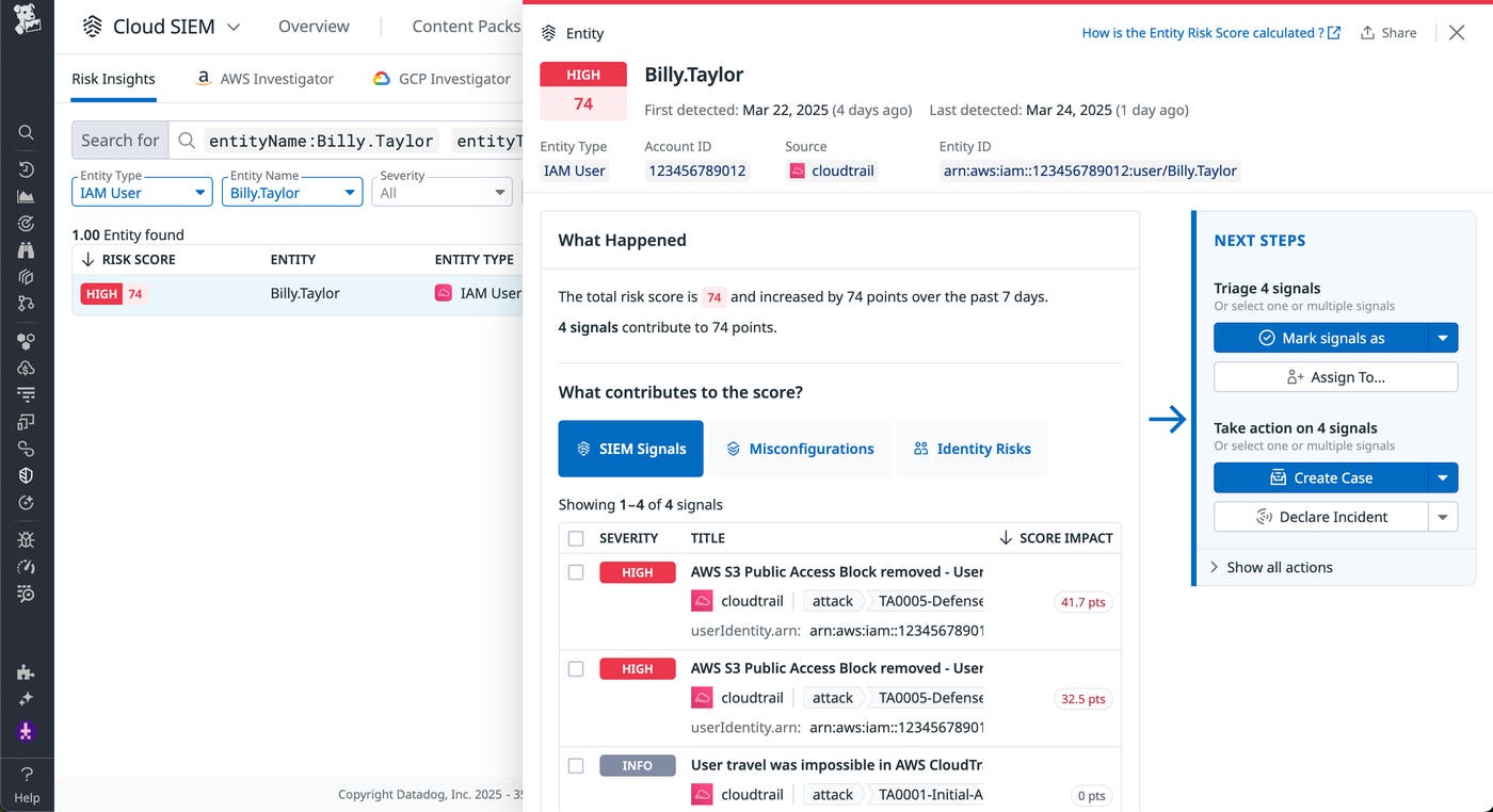 Identify risky behavior in cloud environments with Datadog Cloud SIEM Risk Insights Identify risky behavior in cloud environments with Datadog Cloud SIEM Risk Insights