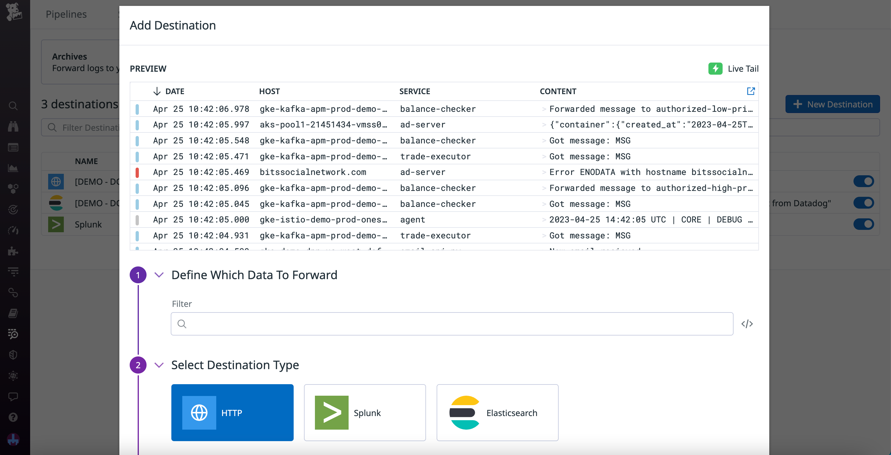 The configuration window for a custom third-party destination.