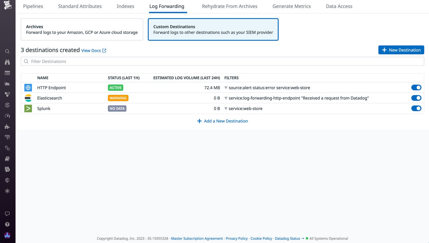 The Log Forwarding overview page in Datadog, showing Splunk, Elasticsearch, and HTTP endpoints. The Log Forwarding overview page in Datadog, showing Splunk, Elasticsearch, and HTTP endpoints.