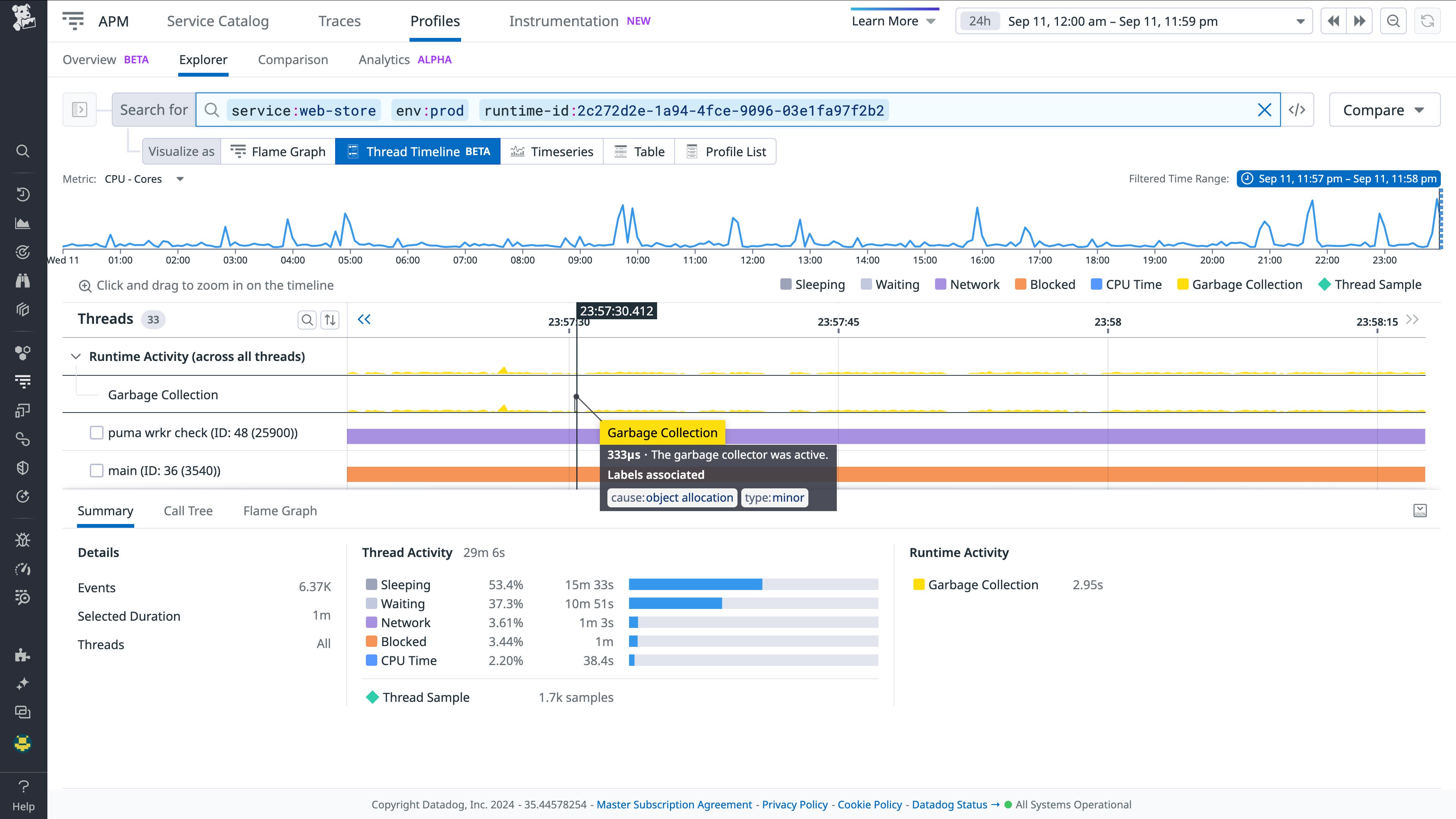 A thread timeline view with a pop-up indicating minor garbage collection caused by object allocation A thread timeline view with a pop-up indicating minor garbage collection caused by object allocation