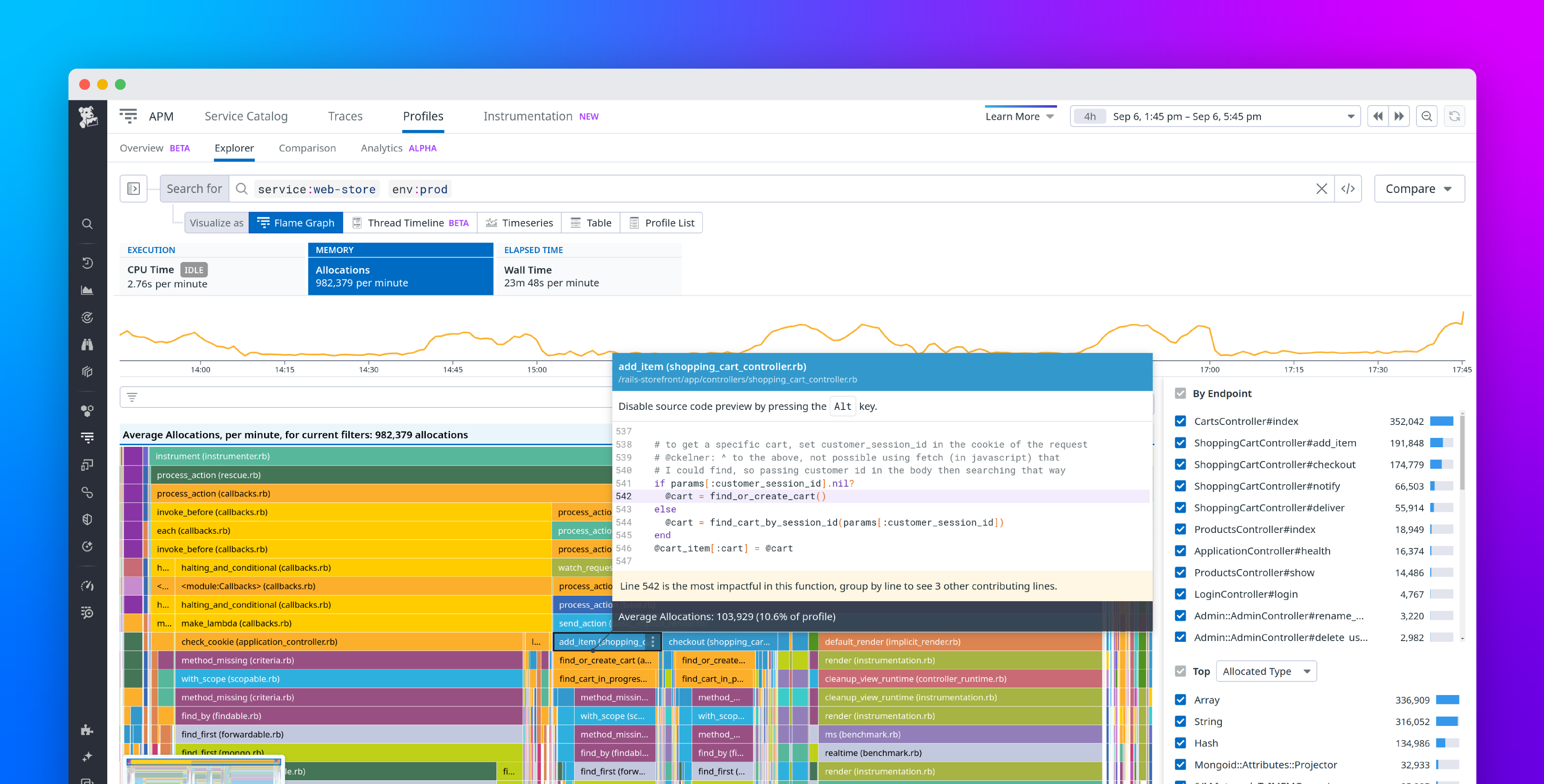 Optimize Ruby garbage collection activity with Datadog's allocations profiler