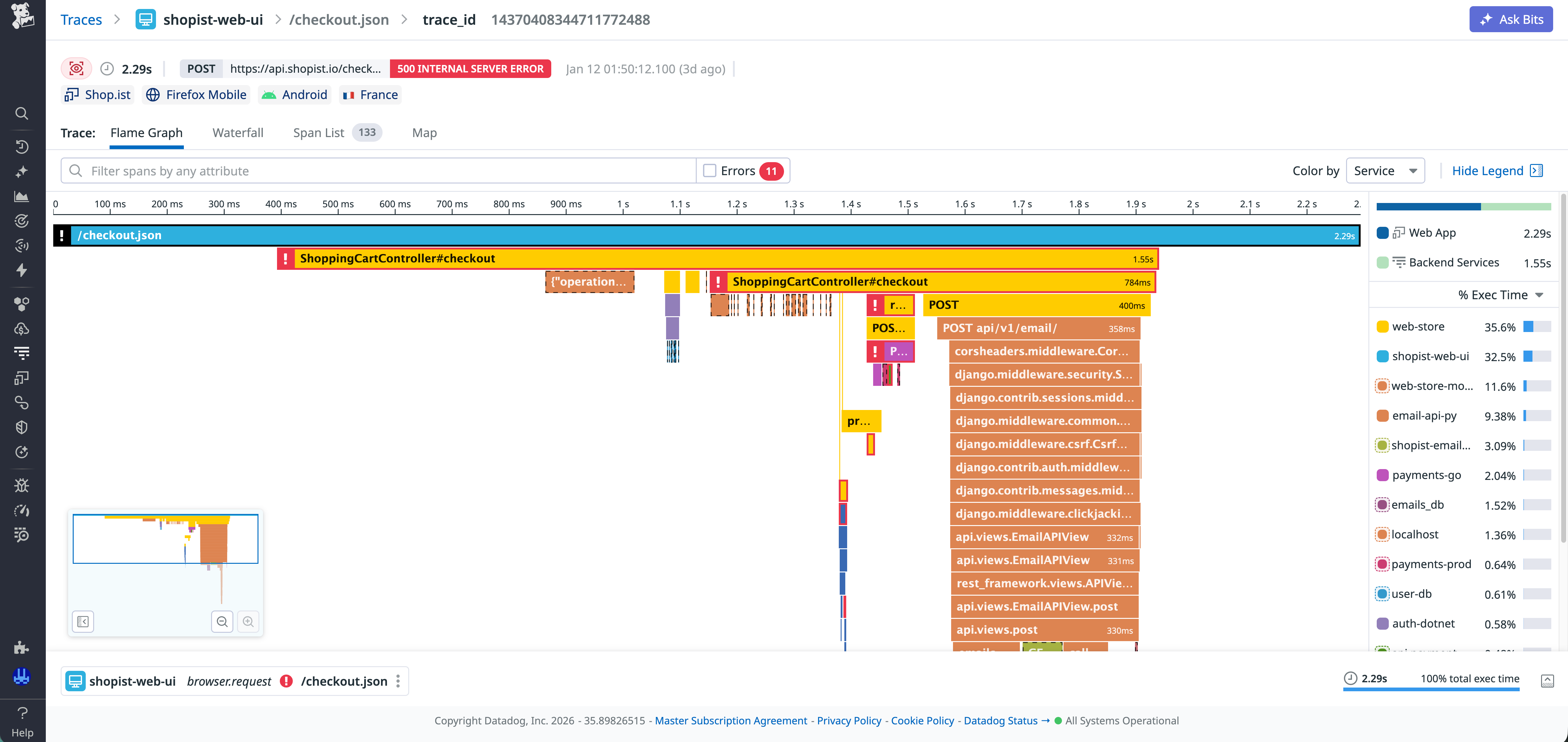 Screenshot of the retained distributed trace of the fetch resource.