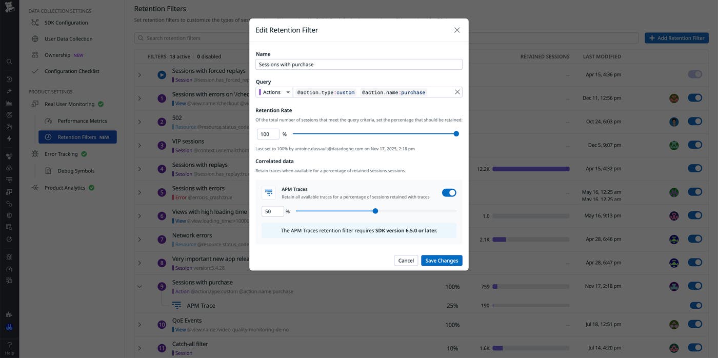 Screenshot of the RUM UI showing cross-product retention filter configuration to retain correlated APM traces. Screenshot of the RUM UI showing cross-product retention filter configuration to retain correlated APM traces.