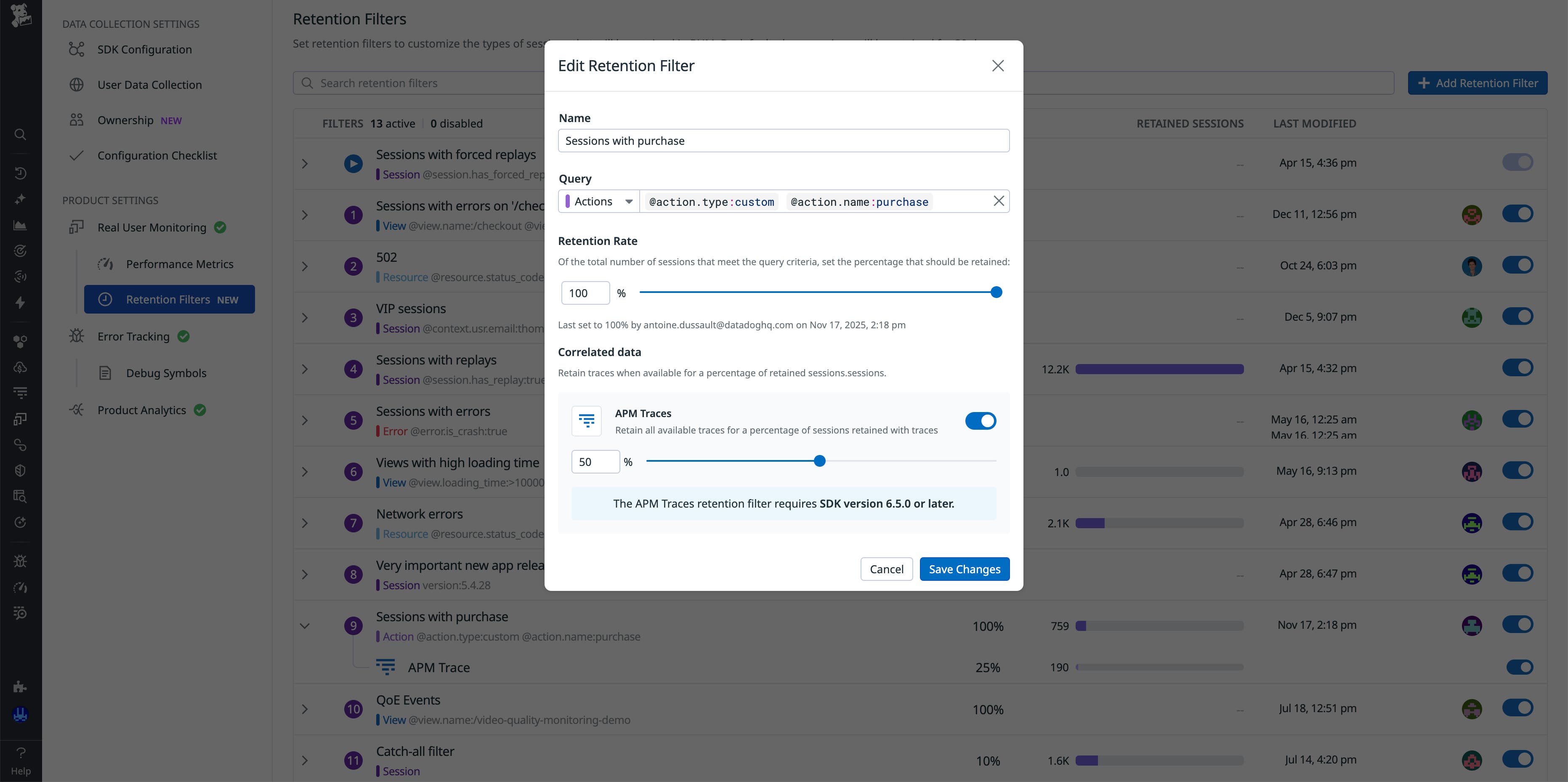 Screenshot of the RUM UI showing cross-product retention filter configuration to retain correlated APM traces. Screenshot of the RUM UI showing cross-product retention filter configuration to retain correlated APM traces.