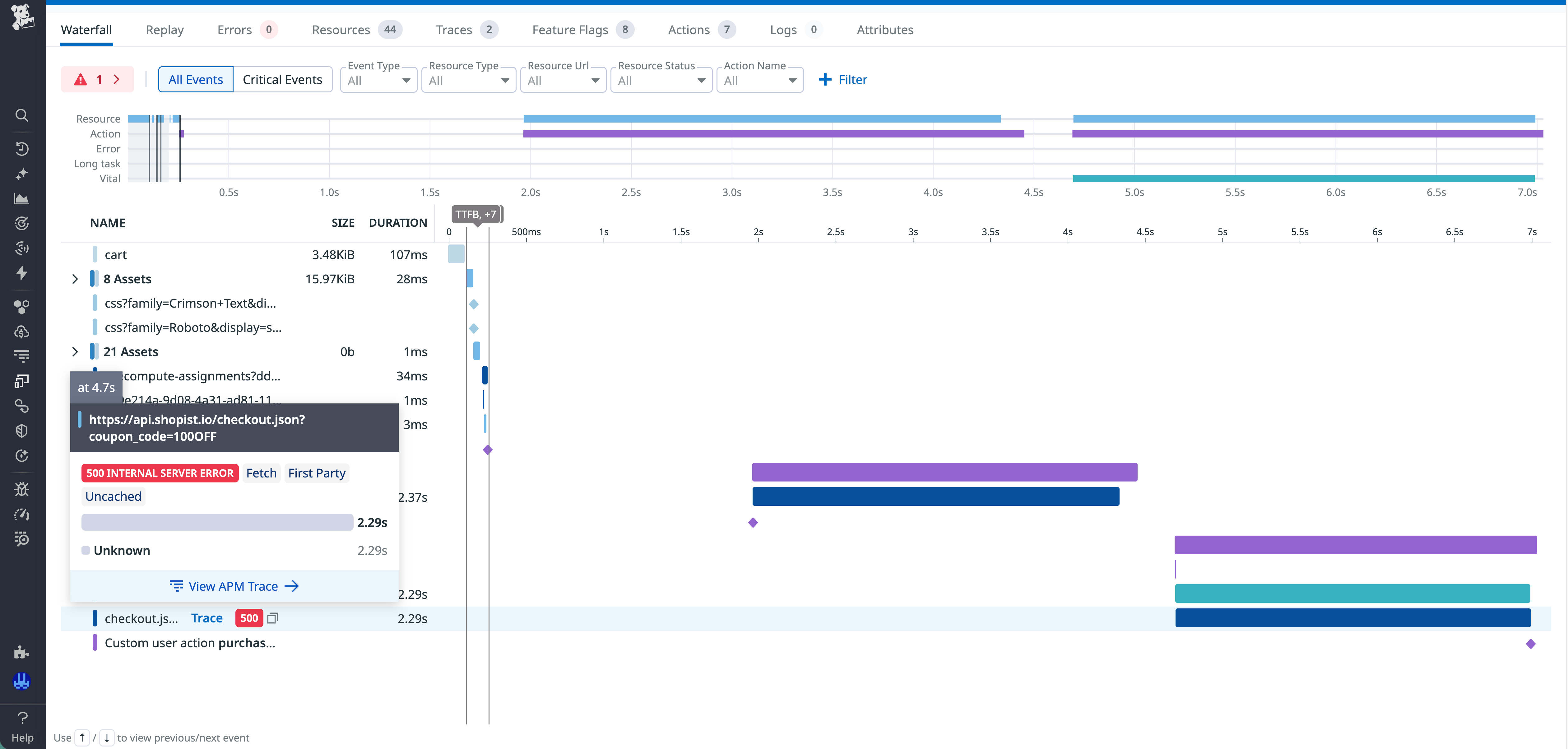 Screenshot of a RUM view waterfall showing a fetch resource correlated with a retained trace.