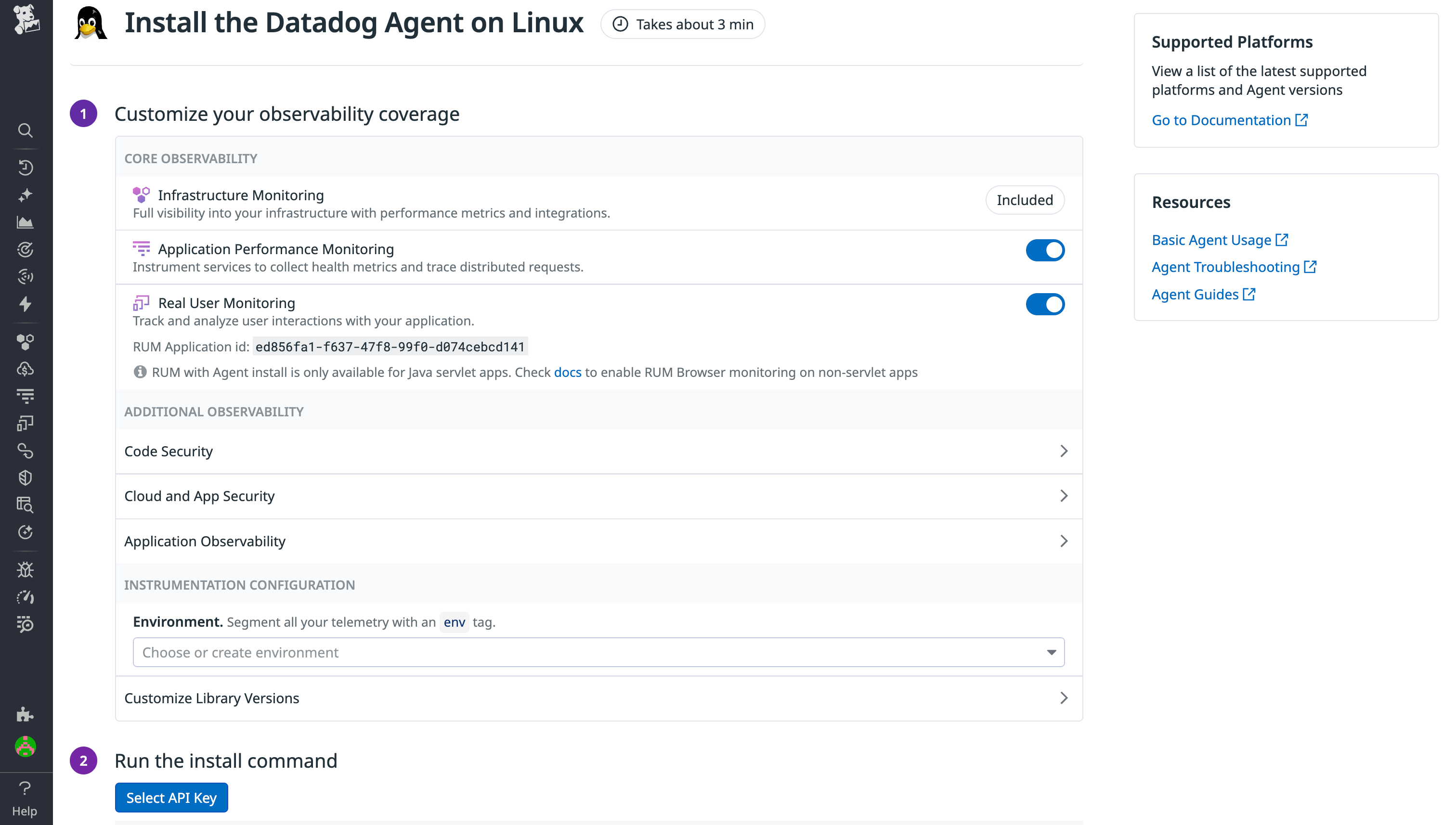 Agent install screen enabling APM and RUM for Java single-step instrumentation.