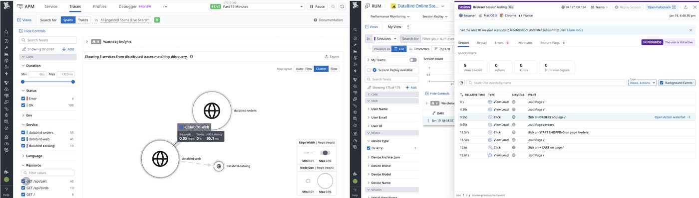 Correlate RUM sessions with APM traces using service map and session details views. Correlate RUM sessions with APM traces using service map and session details views.