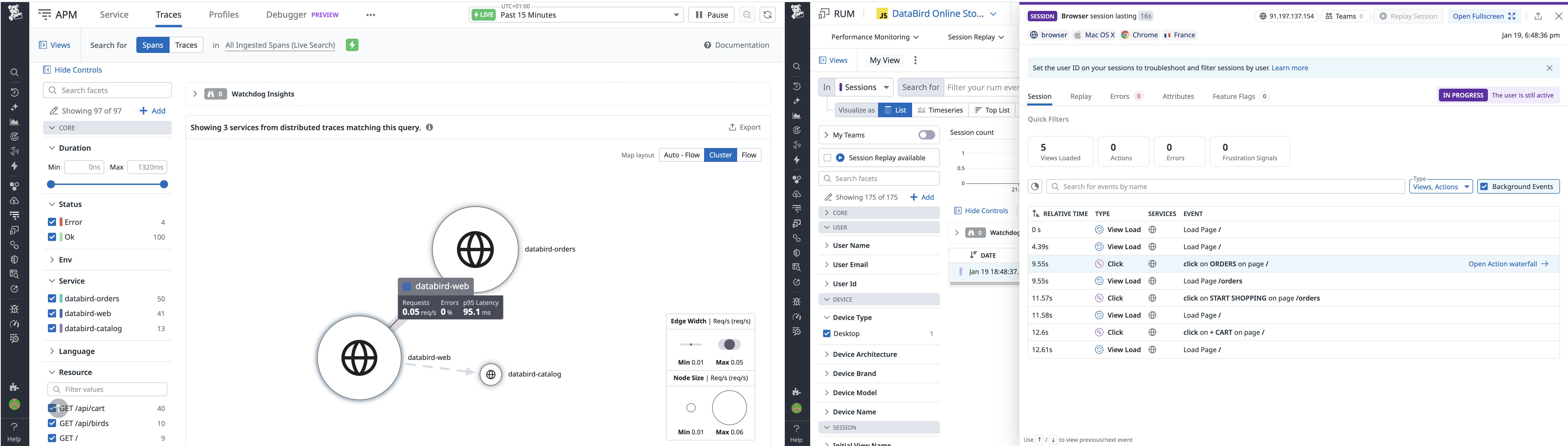 Correlate RUM sessions with APM traces using service map and session details views. Correlate RUM sessions with APM traces using service map and session details views.