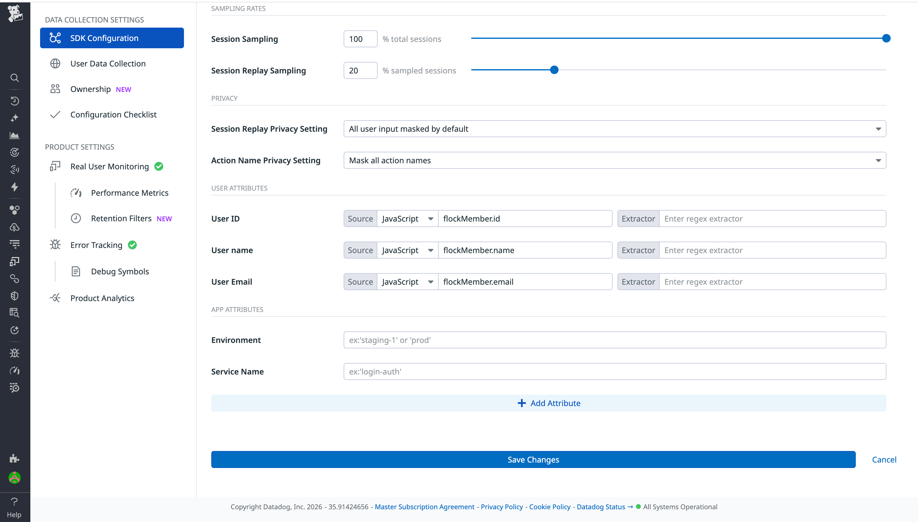 RUM SDK configuration showing sampling, privacy, and captured user attributes for correlation.