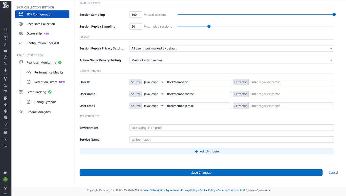 RUM SDK configuration showing sampling, privacy, and captured user attributes for correlation. RUM SDK configuration showing sampling, privacy, and captured user attributes for correlation.