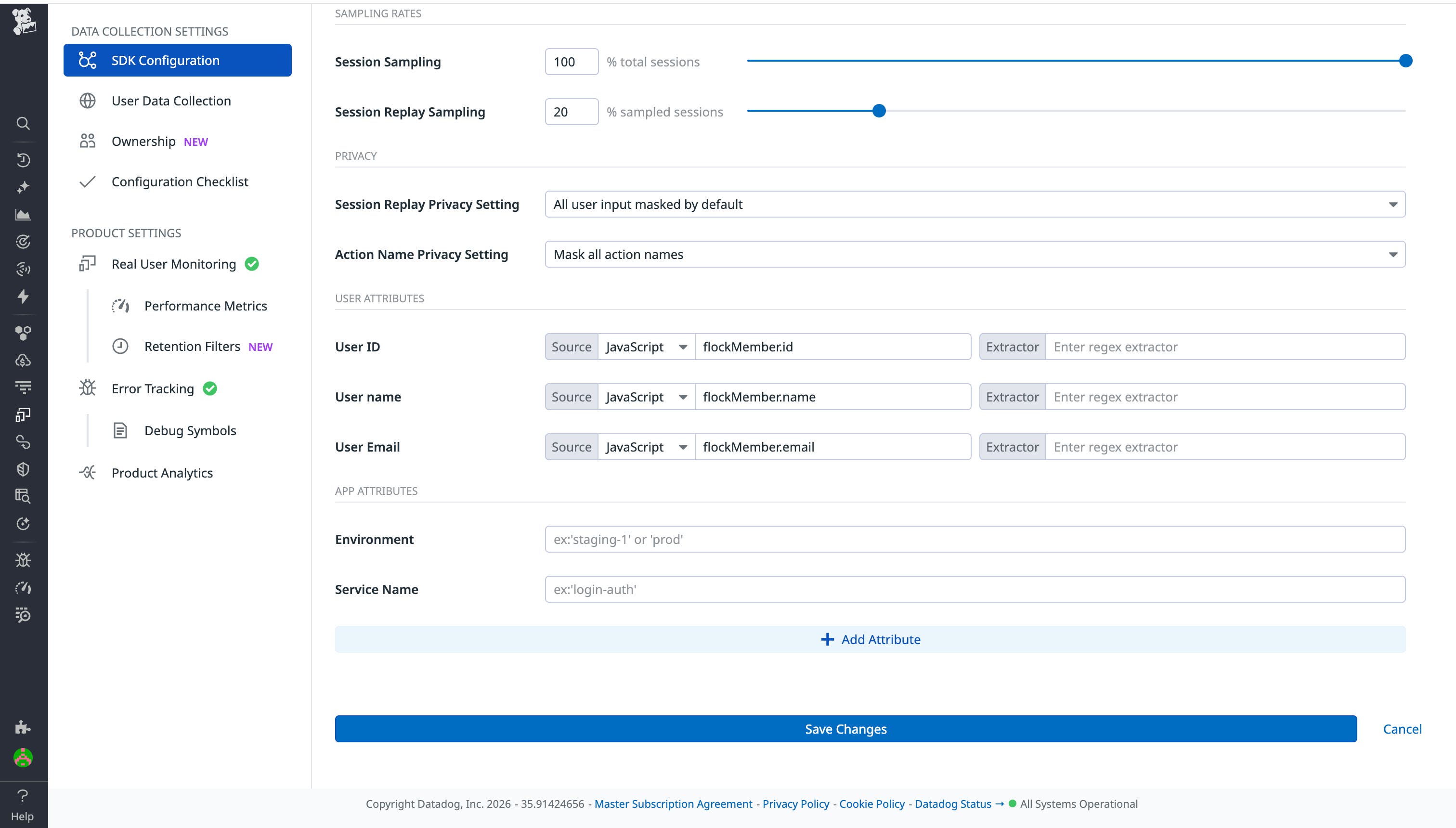 RUM SDK configuration showing sampling, privacy, and captured user attributes for correlation. RUM SDK configuration showing sampling, privacy, and captured user attributes for correlation.