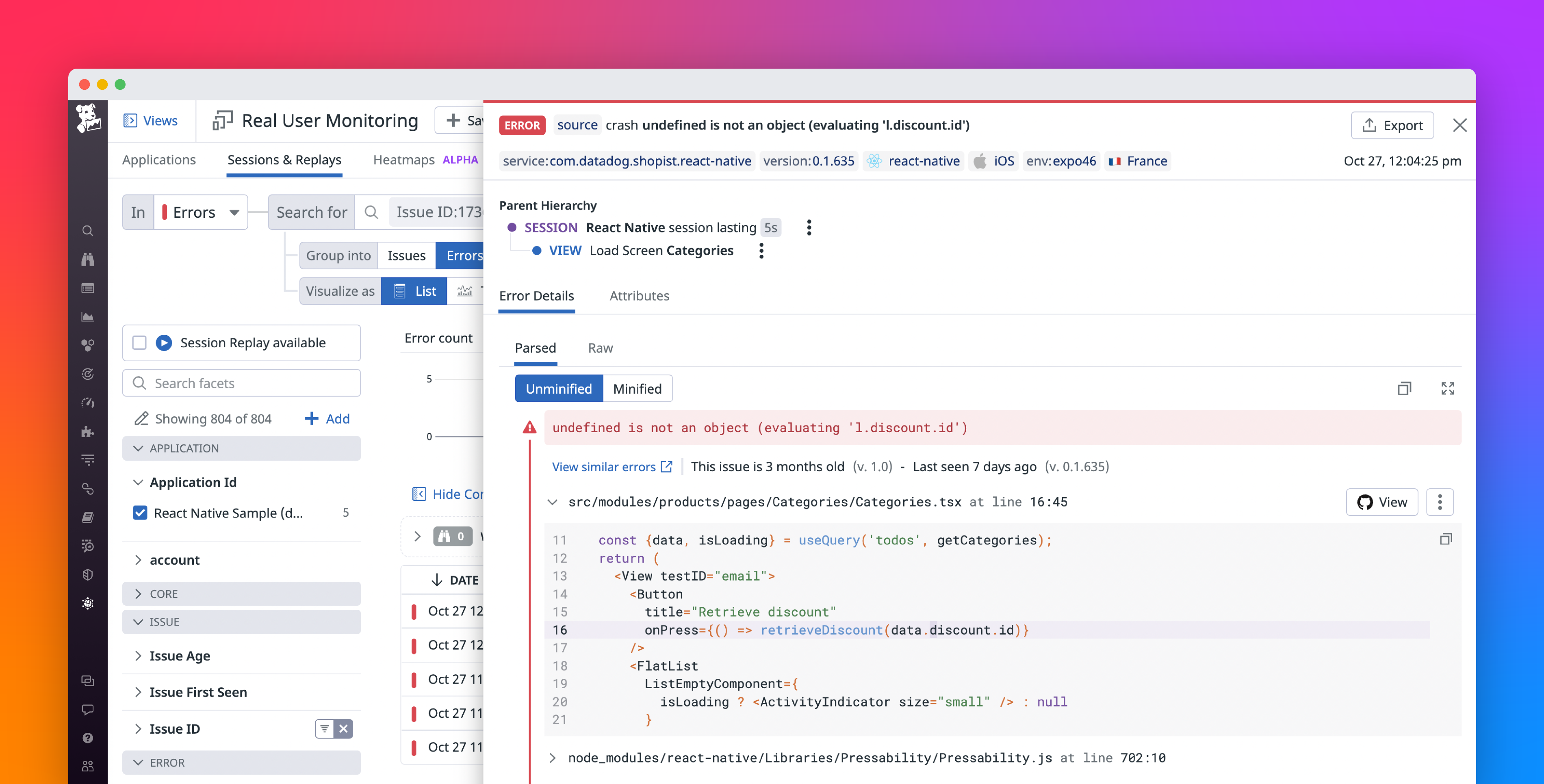 RUM now offers React Native Crash Reporting and Error Tracking