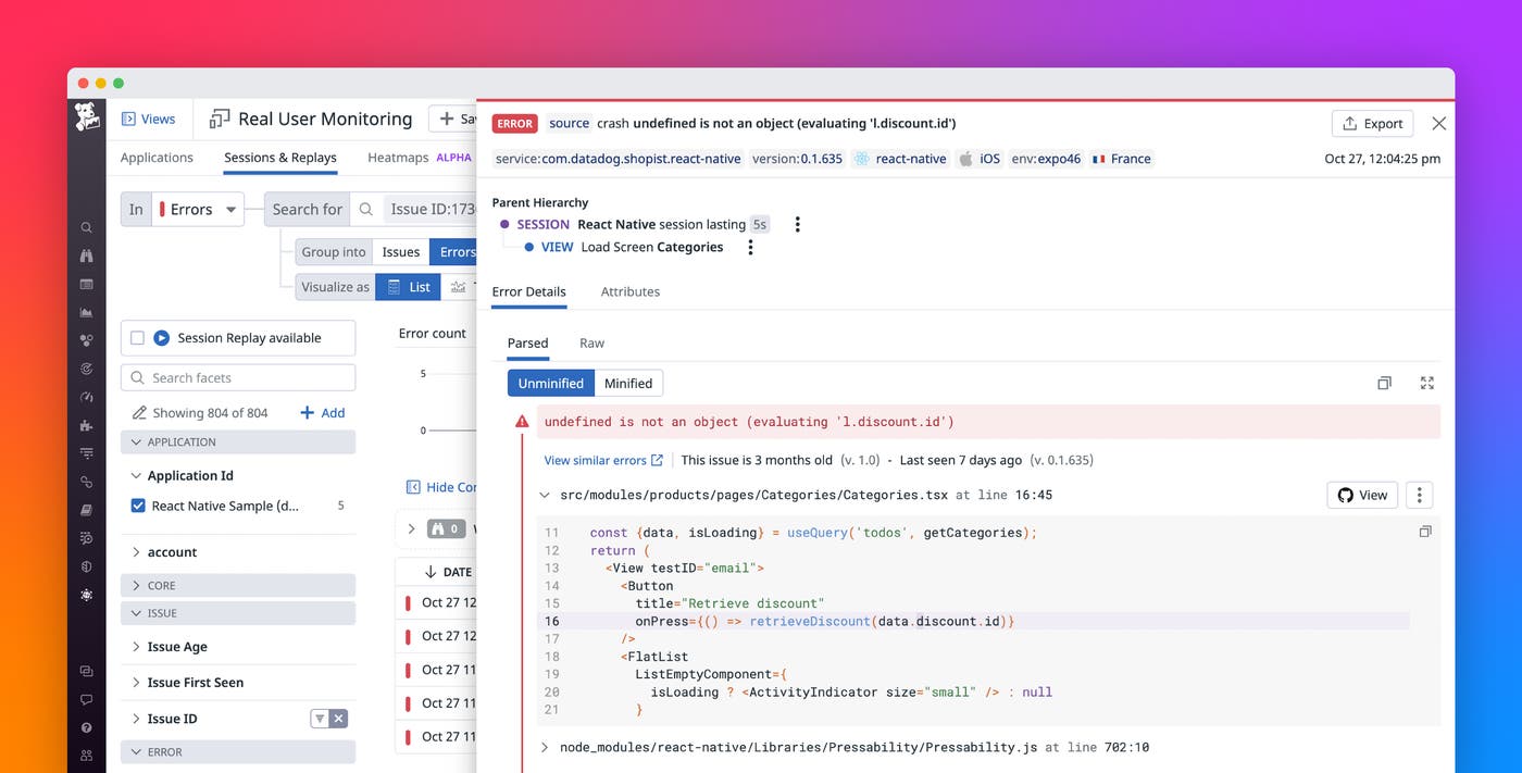RUM now offers React Native Crash Reporting and Error Tracking RUM now offers React Native Crash Reporting and Error Tracking