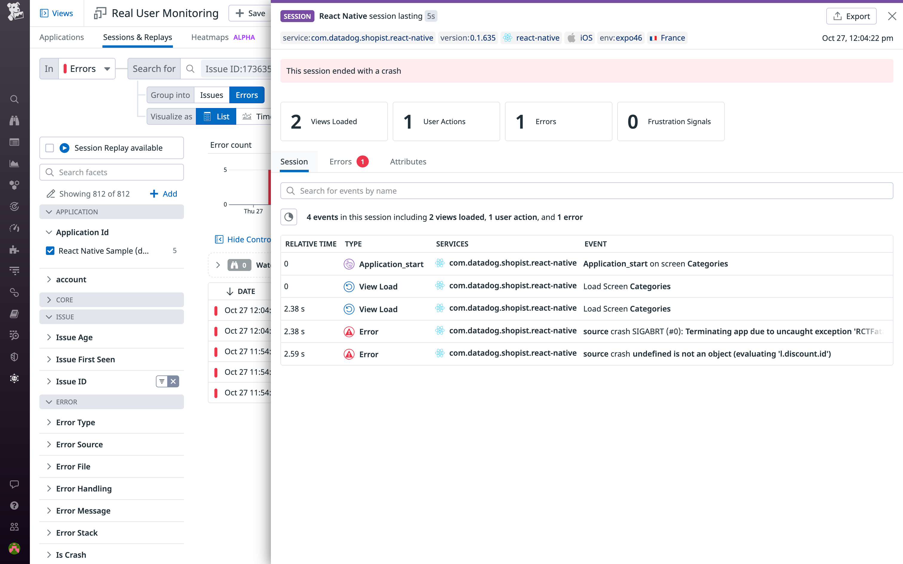 RUM provides detailed context for each individual error