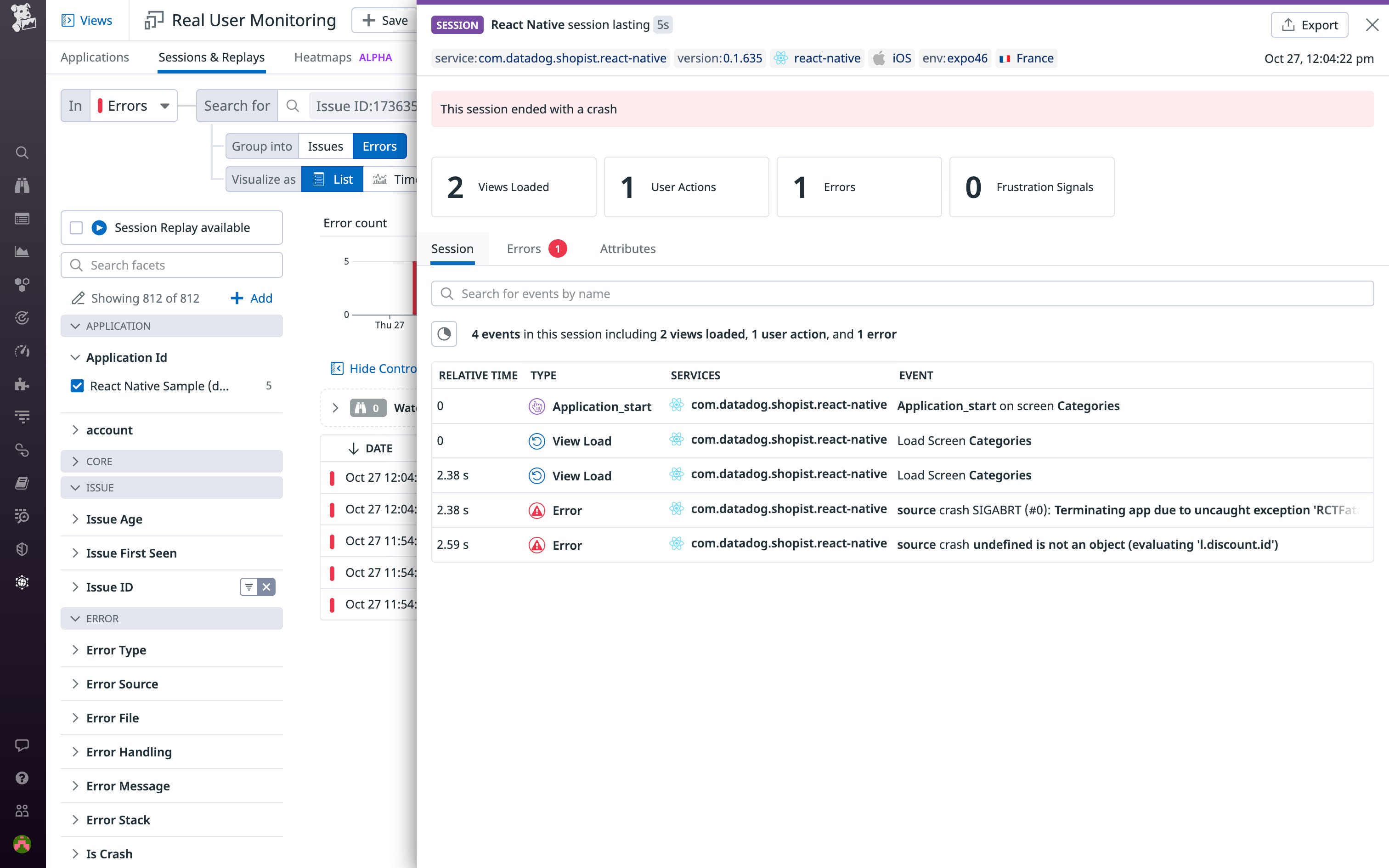 RUM provides detailed context for each individual error RUM provides detailed context for each individual error