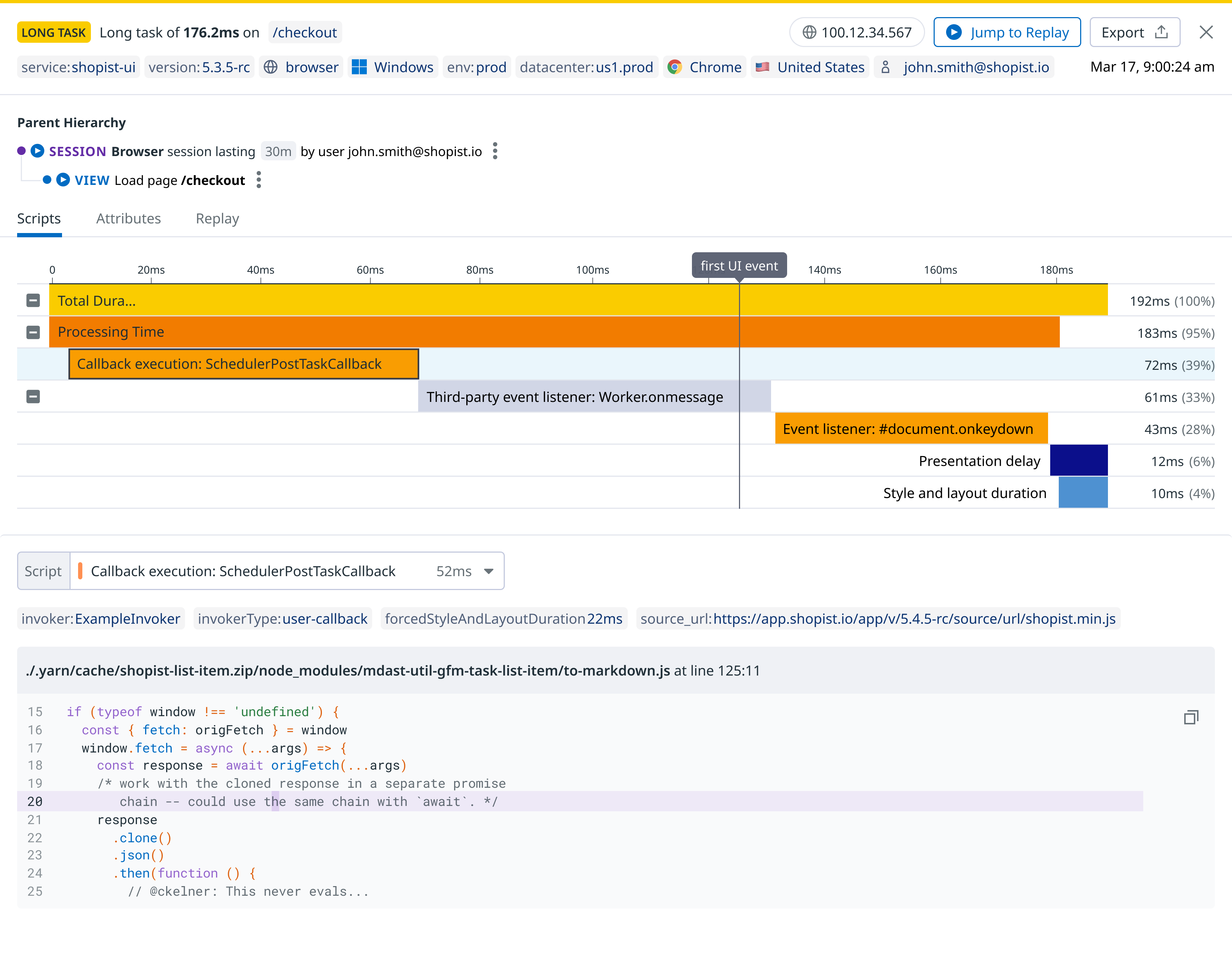 Long-task information about the checkout task for a shopping service.
