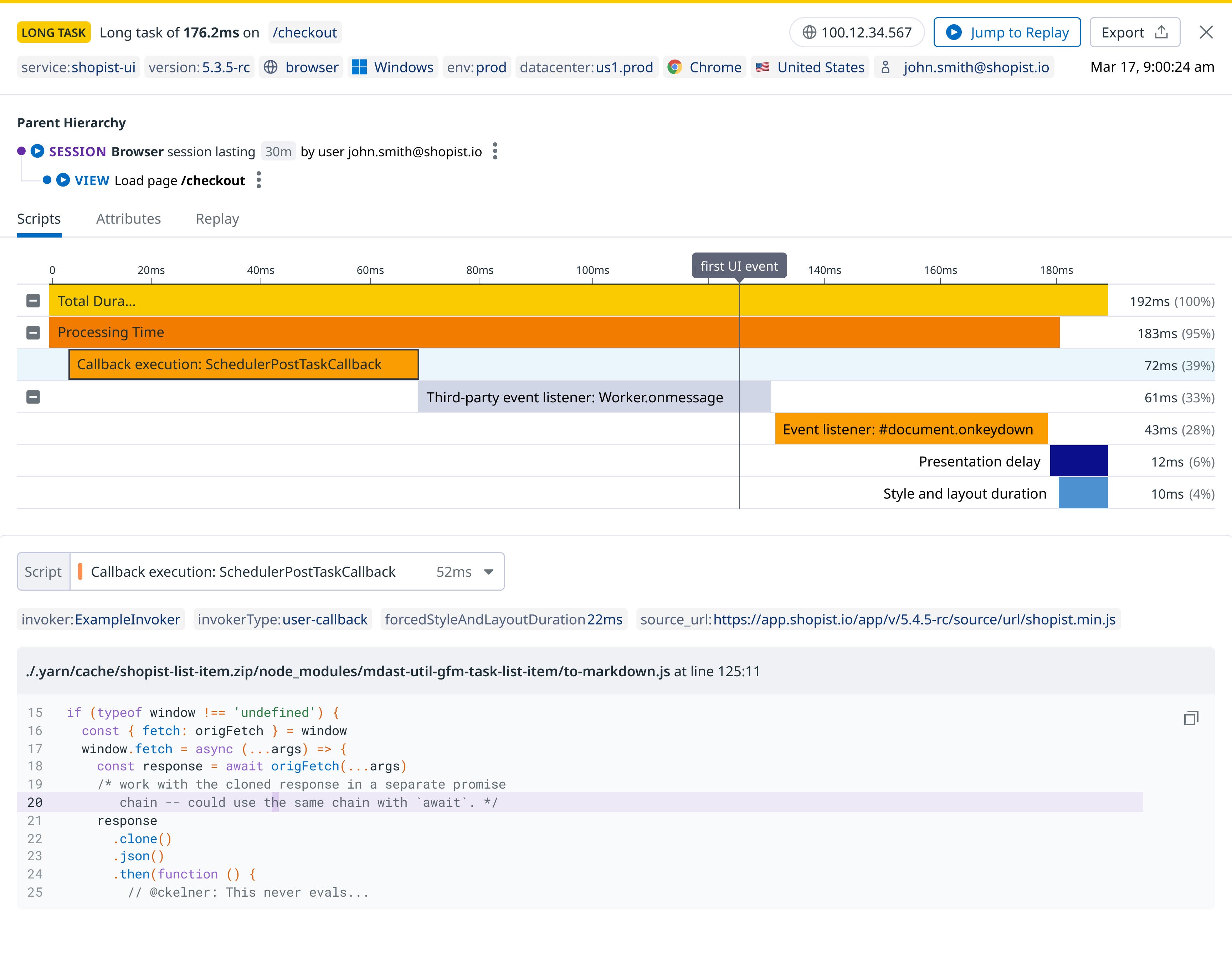 Long-task information about the checkout task for a shopping service. Long-task information about the checkout task for a shopping service.