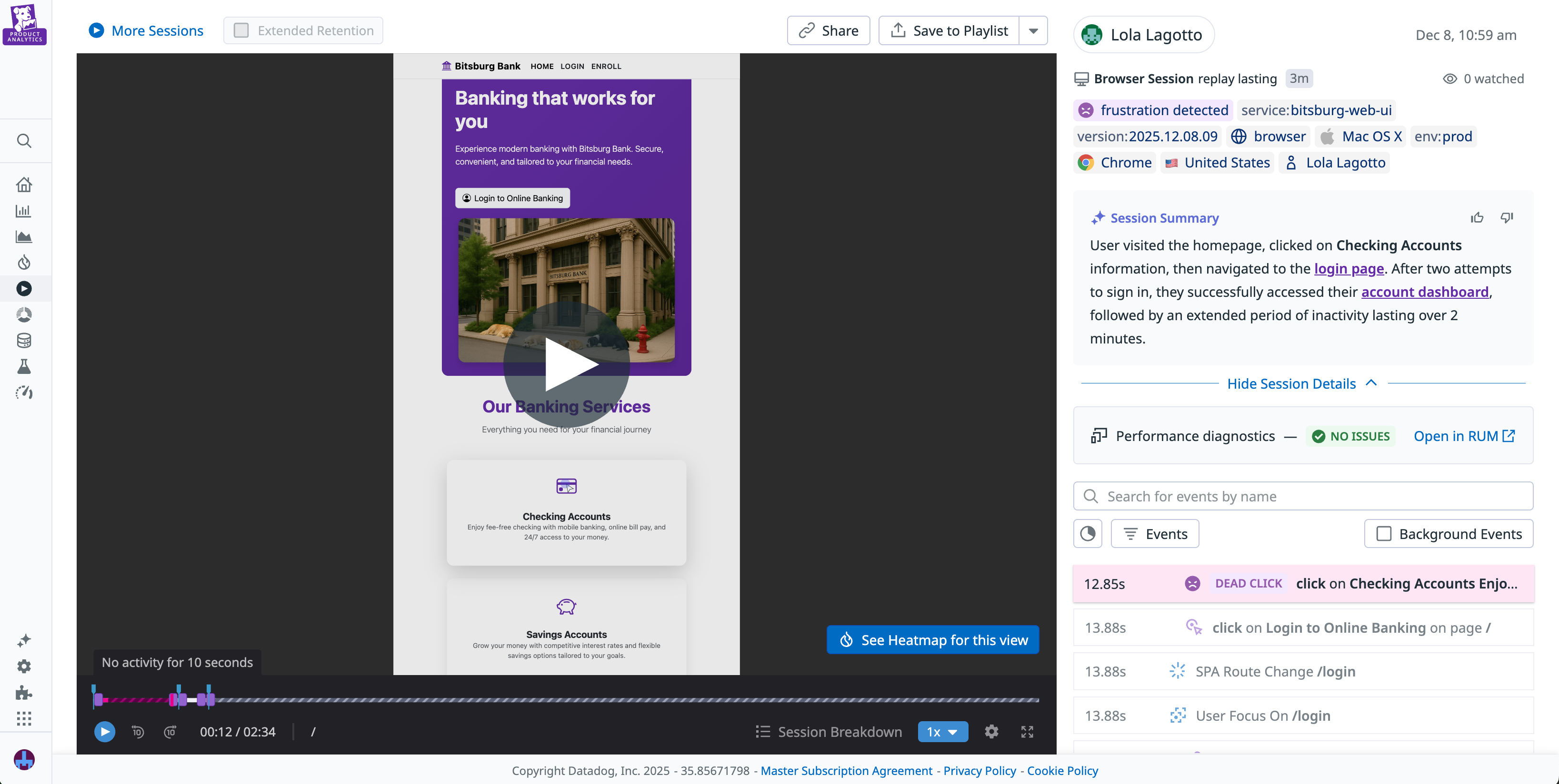 A replay for a session that involved frustration clicks.