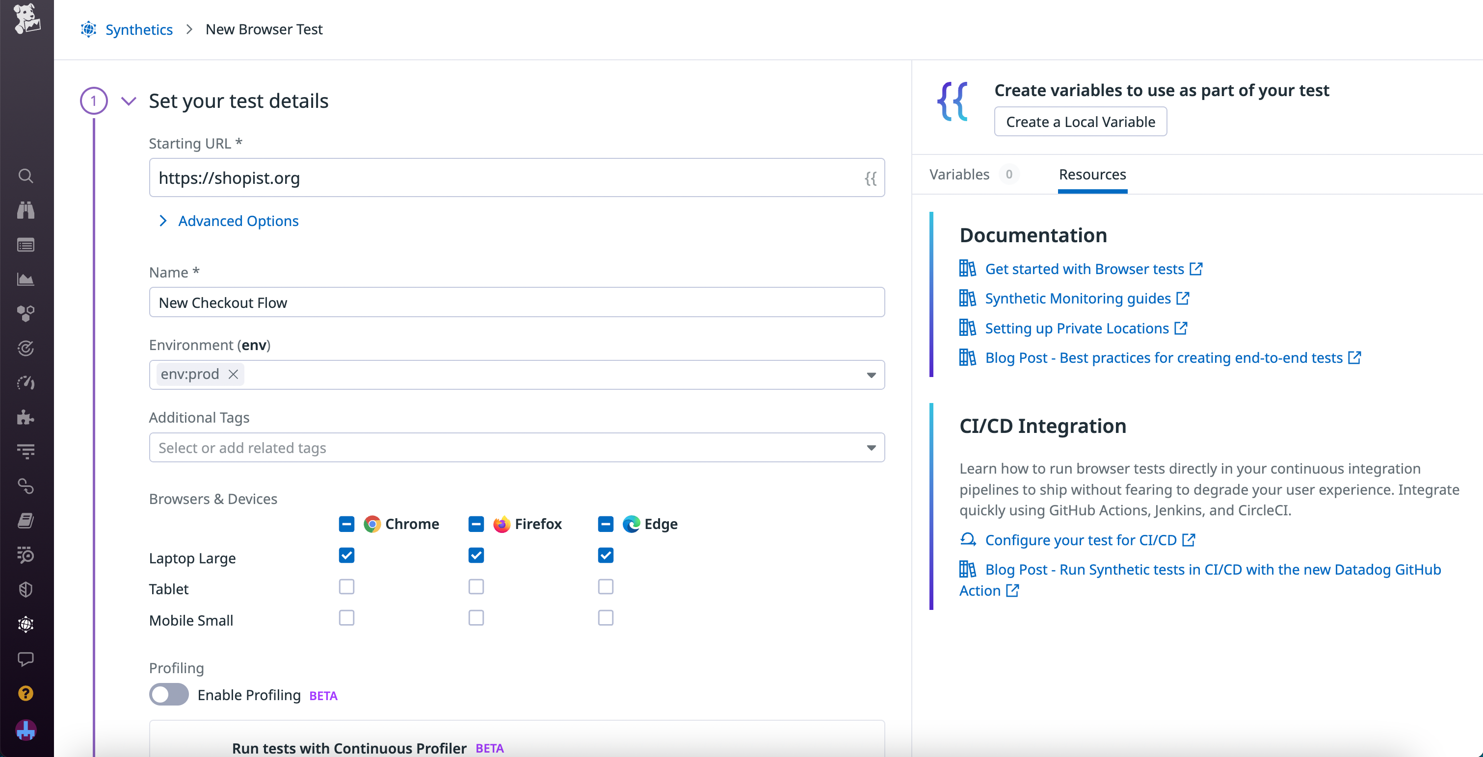 The test creation page for a new browser test in Synthetic Monitoring.