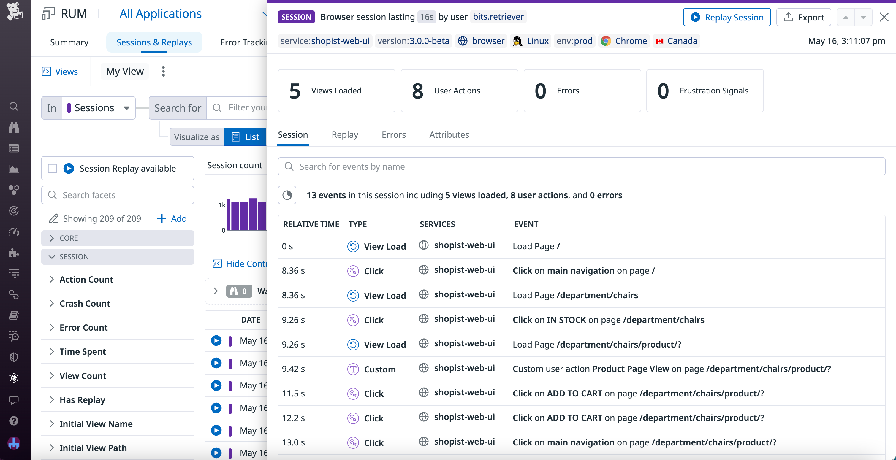 A synthetic session in RUM, with an overview of views, actions, errors, and frustration signals.