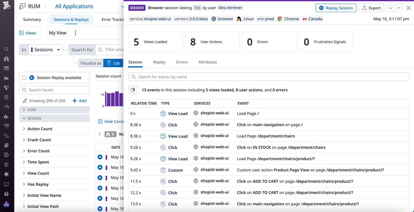 A synthetic session in RUM, with an overview of views, actions, errors, and frustration signals. A synthetic session in RUM, with an overview of views, actions, errors, and frustration signals.