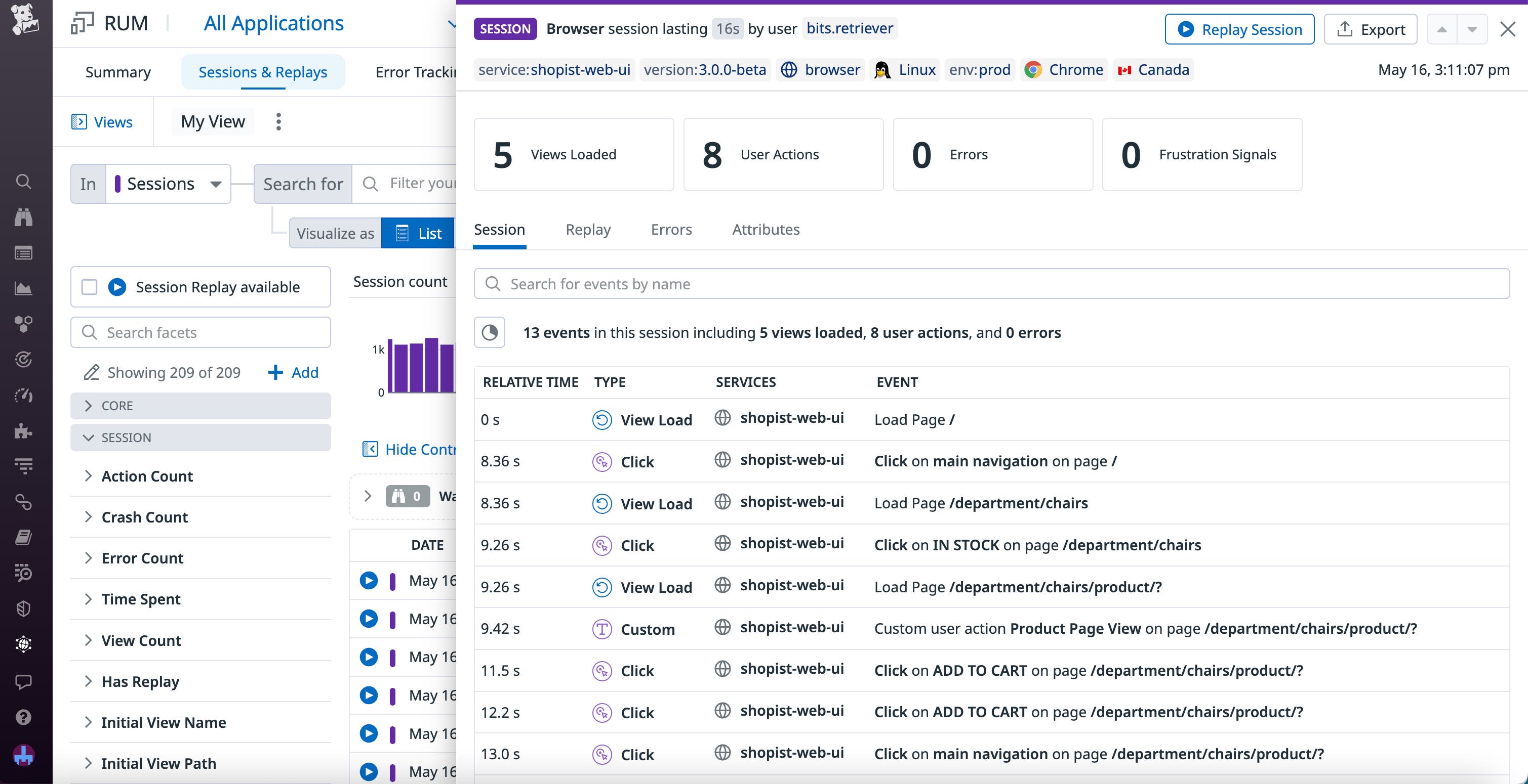 A synthetic session in RUM, with an overview of views, actions, errors, and frustration signals. A synthetic session in RUM, with an overview of views, actions, errors, and frustration signals.