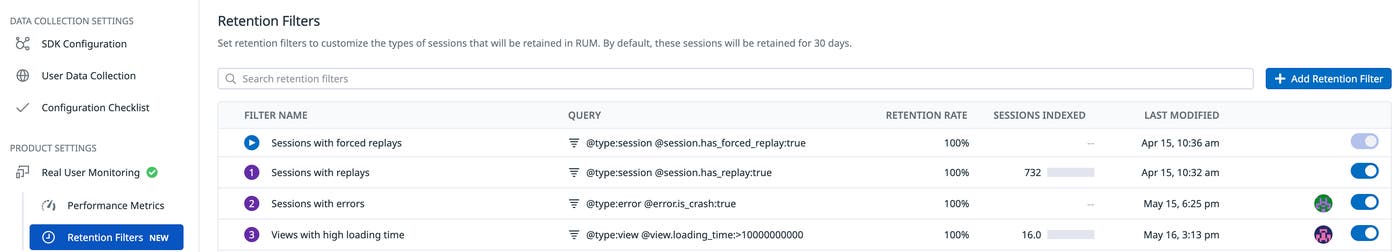 RUM retention filters. RUM retention filters.