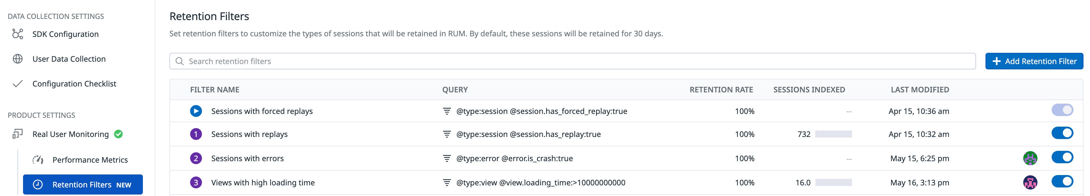 RUM retention filters. RUM retention filters.