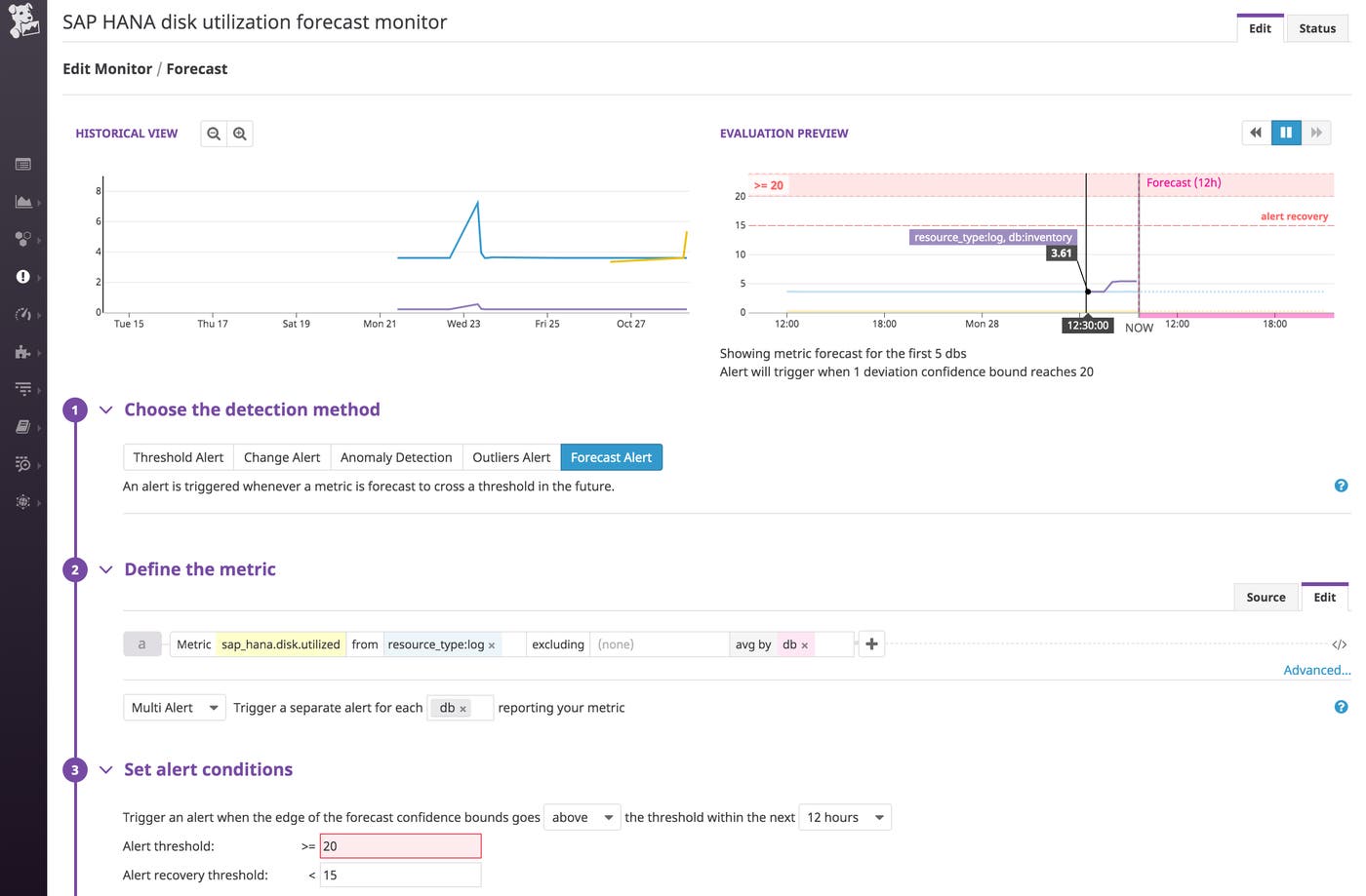 The screen to create a forecast alert shows the projected values for the disk utilization of each database's log volume. This alert will trigger when utilization is projected to surpass 20 percent. The screen to create a forecast alert shows the projected values for the disk utilization of each database's log volume. This alert will trigger when utilization is projected to surpass 20 percent.