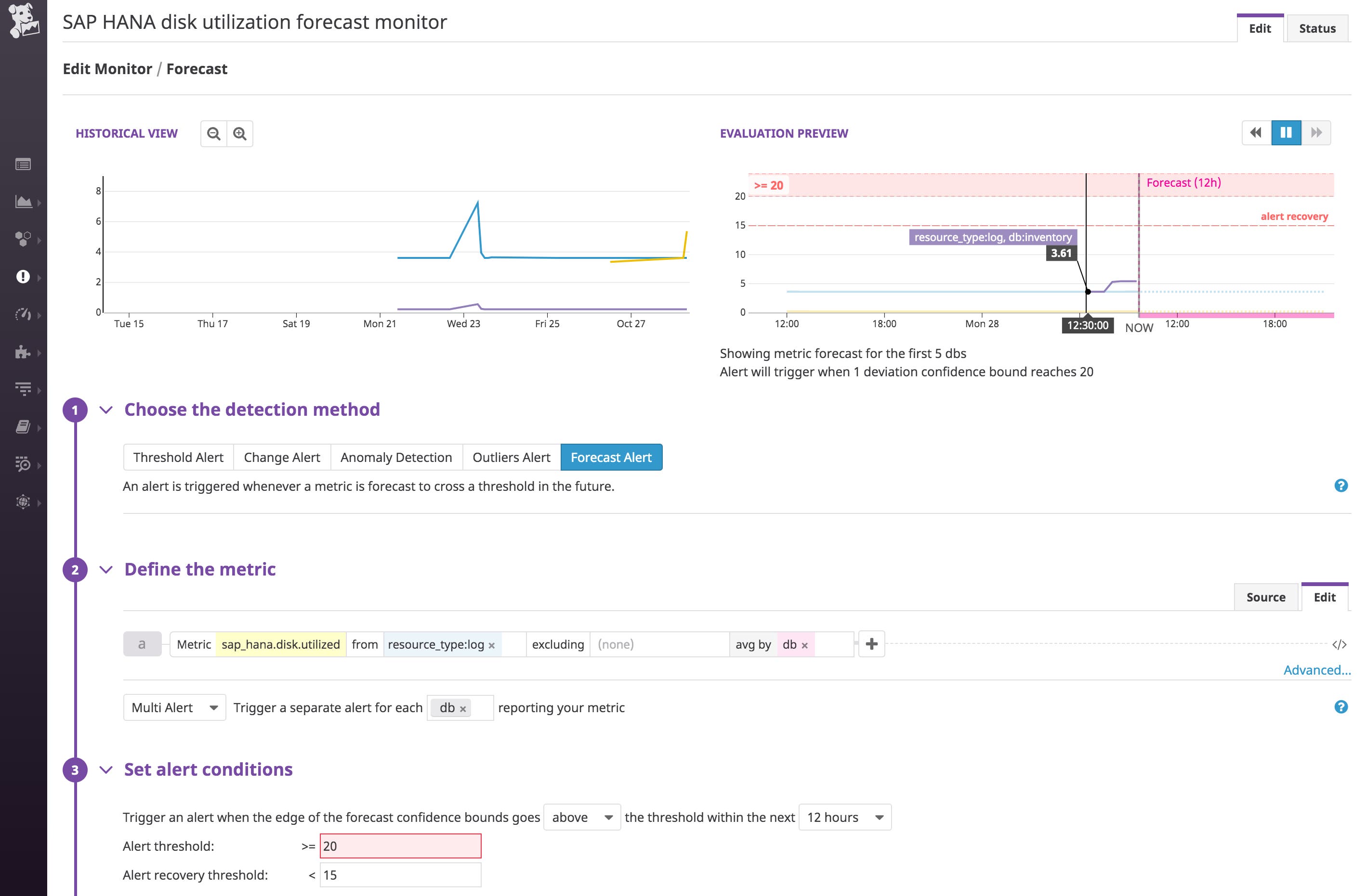 The screen to create a forecast alert shows the projected values for the disk utilization of each database's log volume. This alert will trigger when utilization is projected to surpass 20 percent. The screen to create a forecast alert shows the projected values for the disk utilization of each database's log volume. This alert will trigger when utilization is projected to surpass 20 percent.