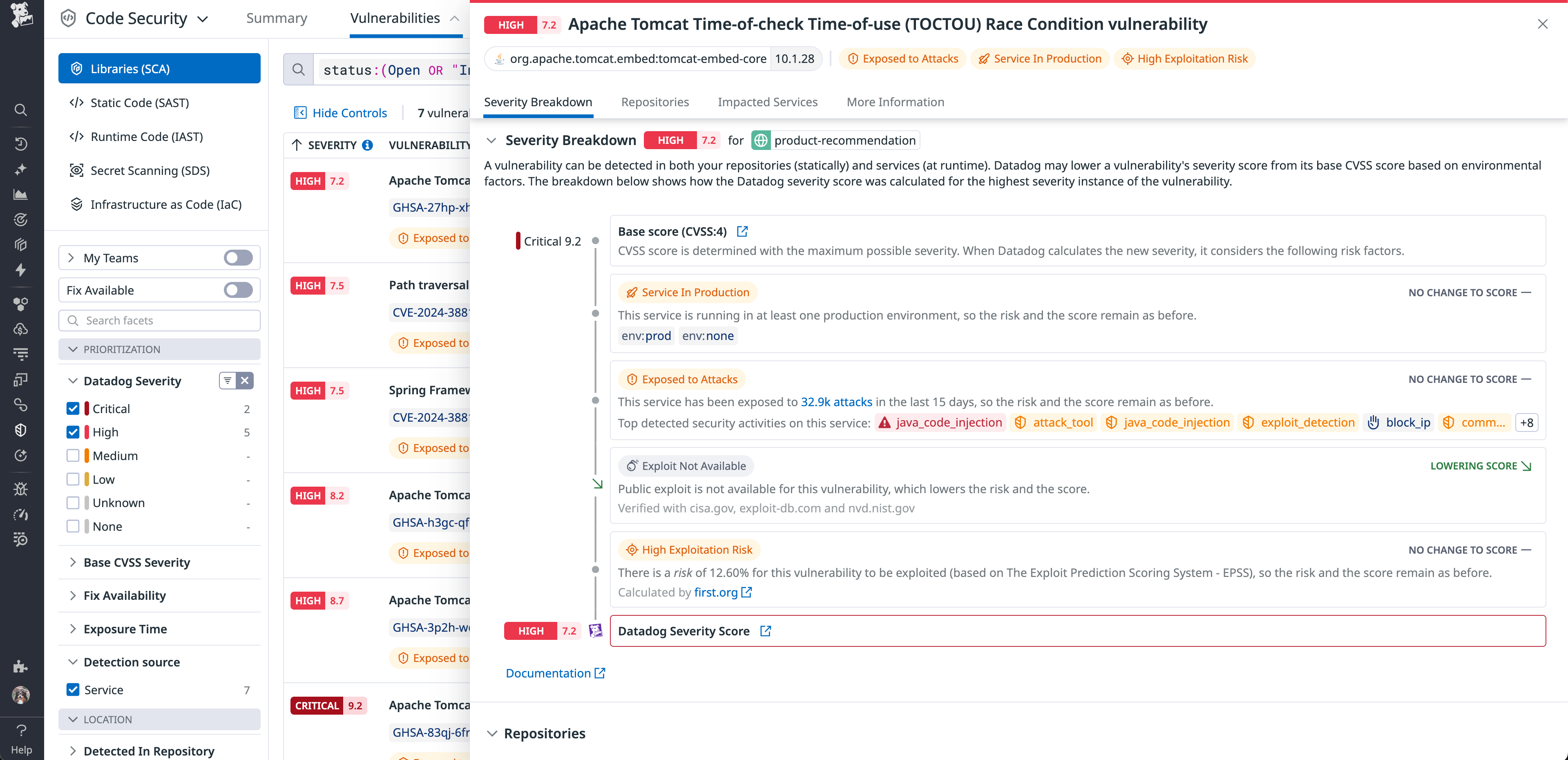 Apache Tomcat vulnerability with a Severity Score of 7.2