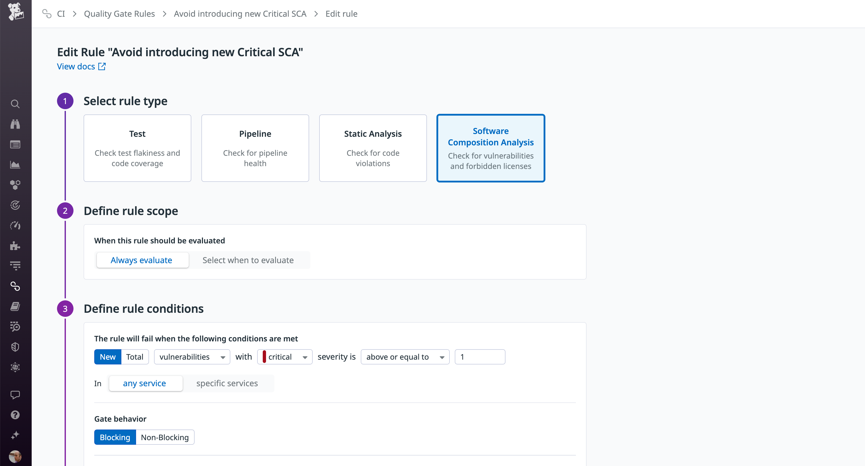 The screen to create a quality gate rule includes a control for the rule scope and rule conditions.