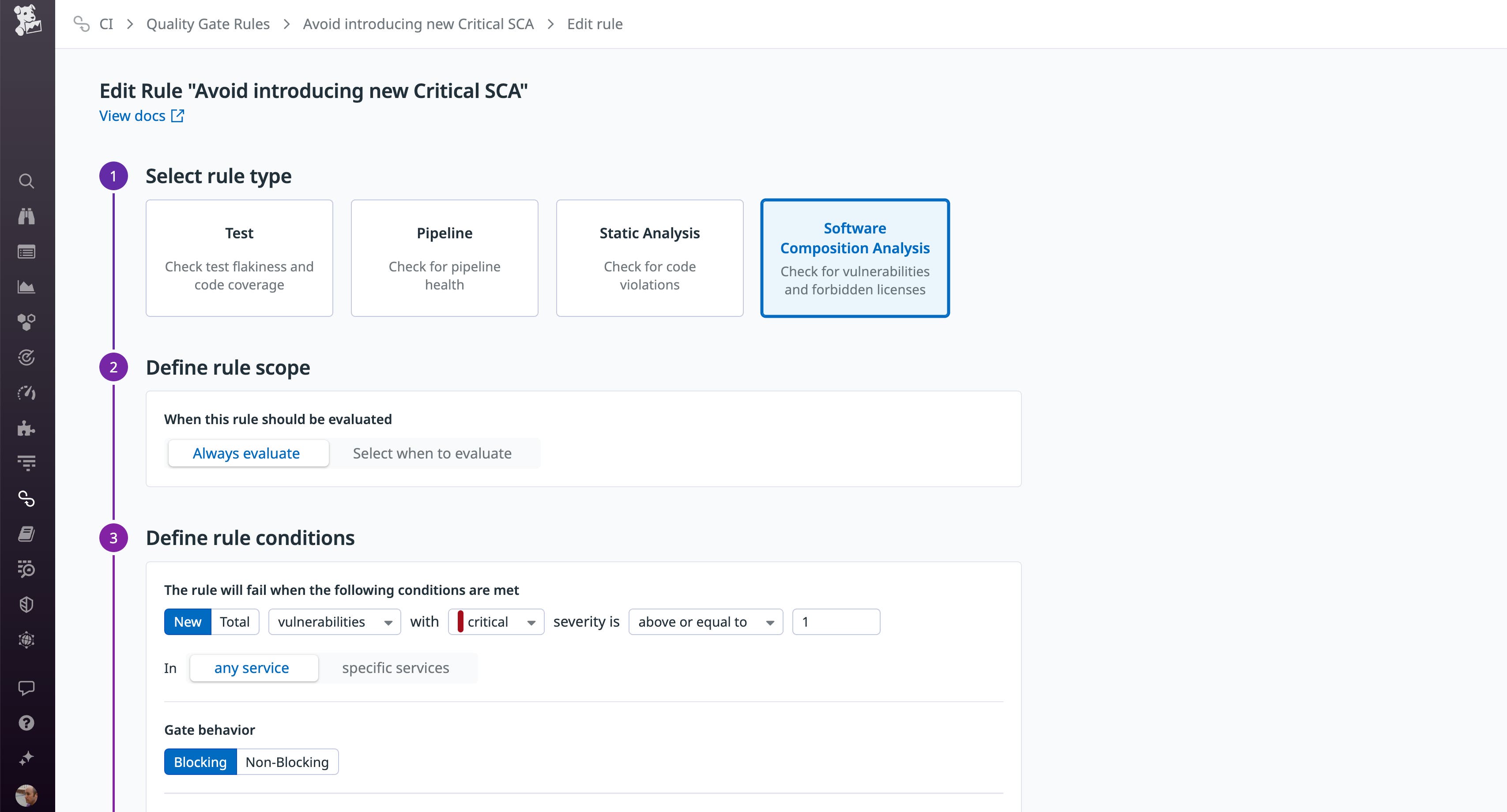 The screen to create a quality gate rule includes a control for the rule scope and rule conditions. The screen to create a quality gate rule includes a control for the rule scope and rule conditions.