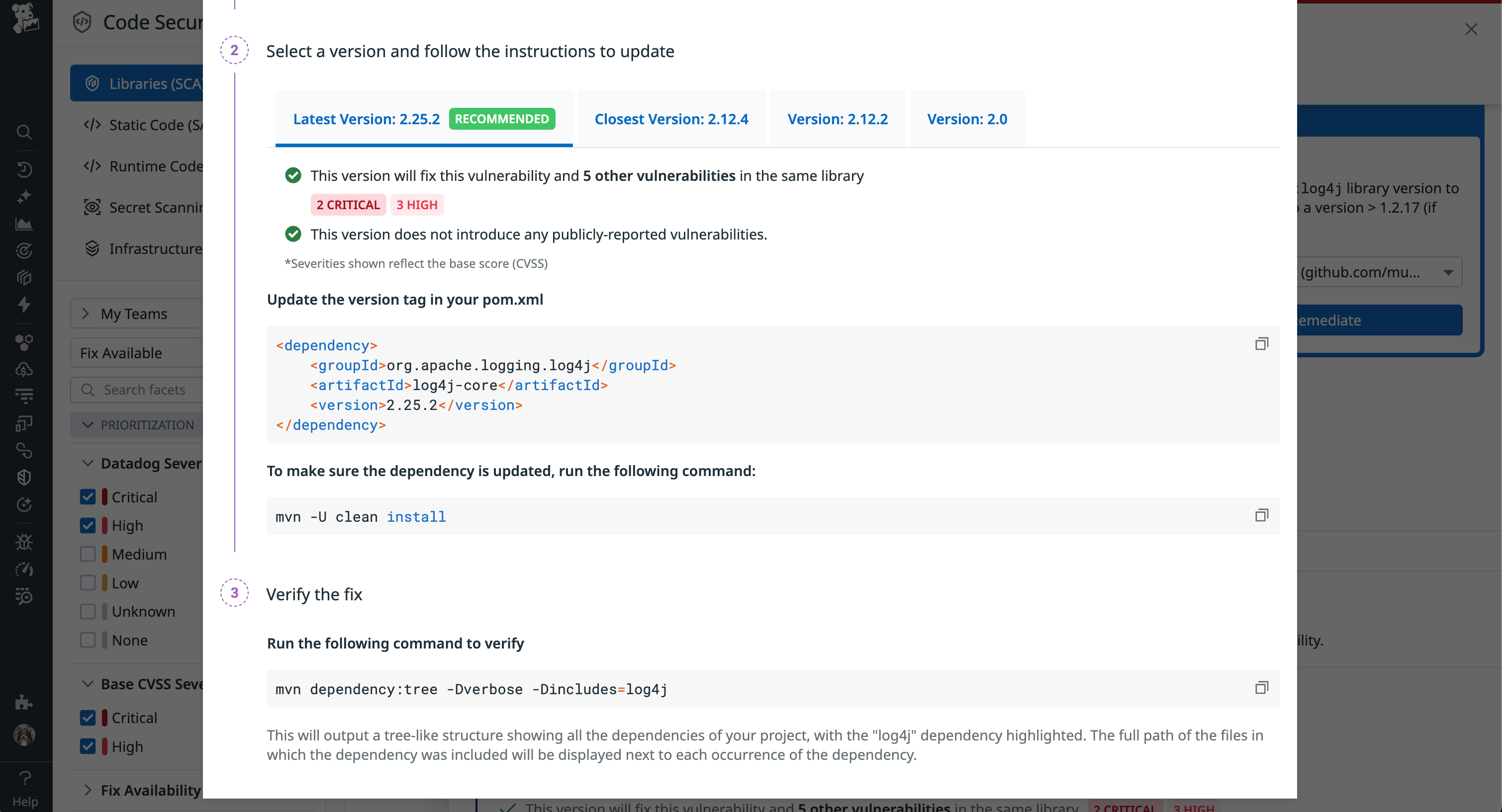 SCA shows details remediation steps for a SQL injection vulnerability.