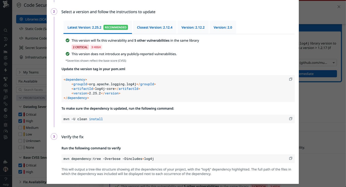 SCA shows details remediation steps for a SQL injection vulnerability. SCA shows details remediation steps for a SQL injection vulnerability.