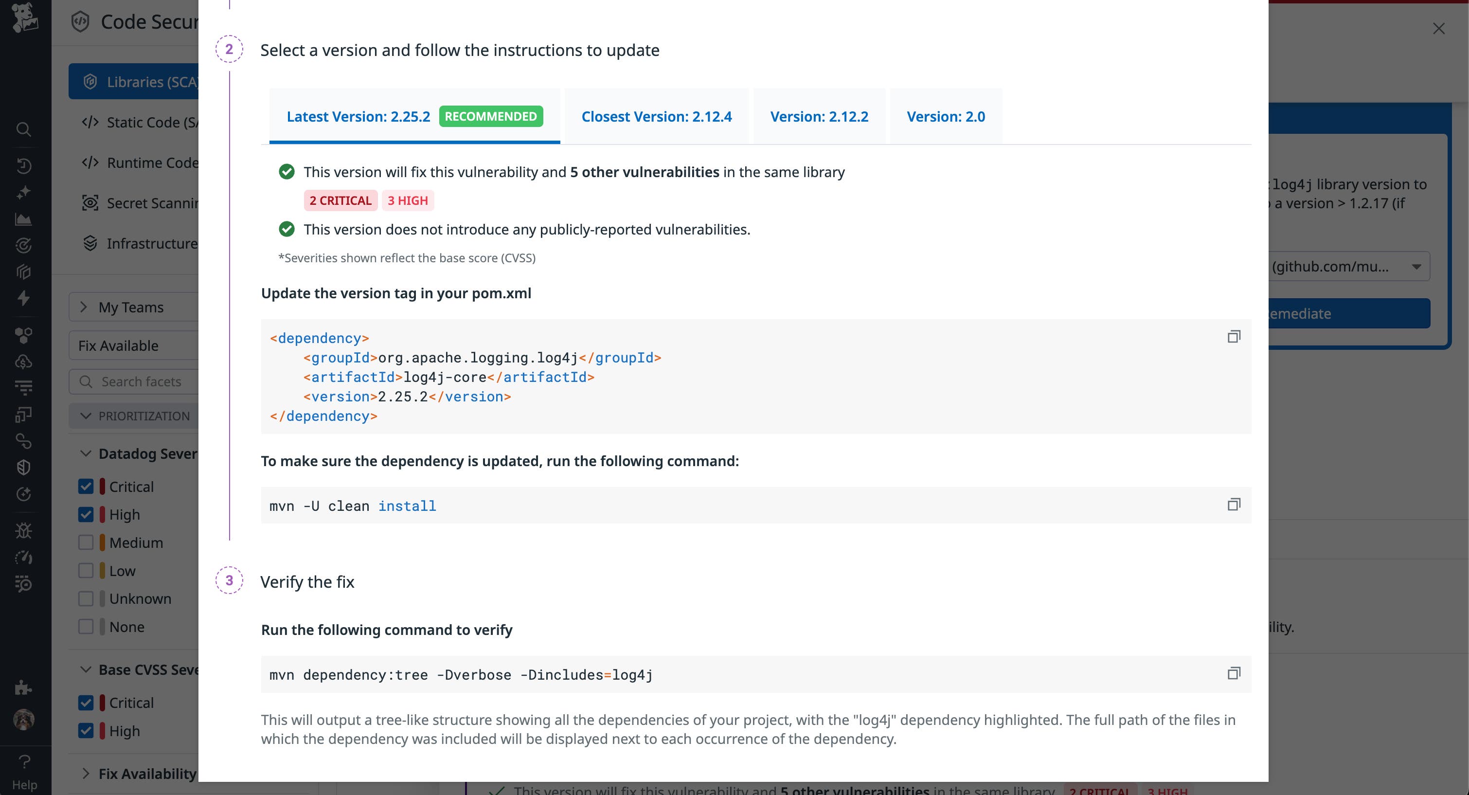 SCA shows details remediation steps for a SQL injection vulnerability. SCA shows details remediation steps for a SQL injection vulnerability.