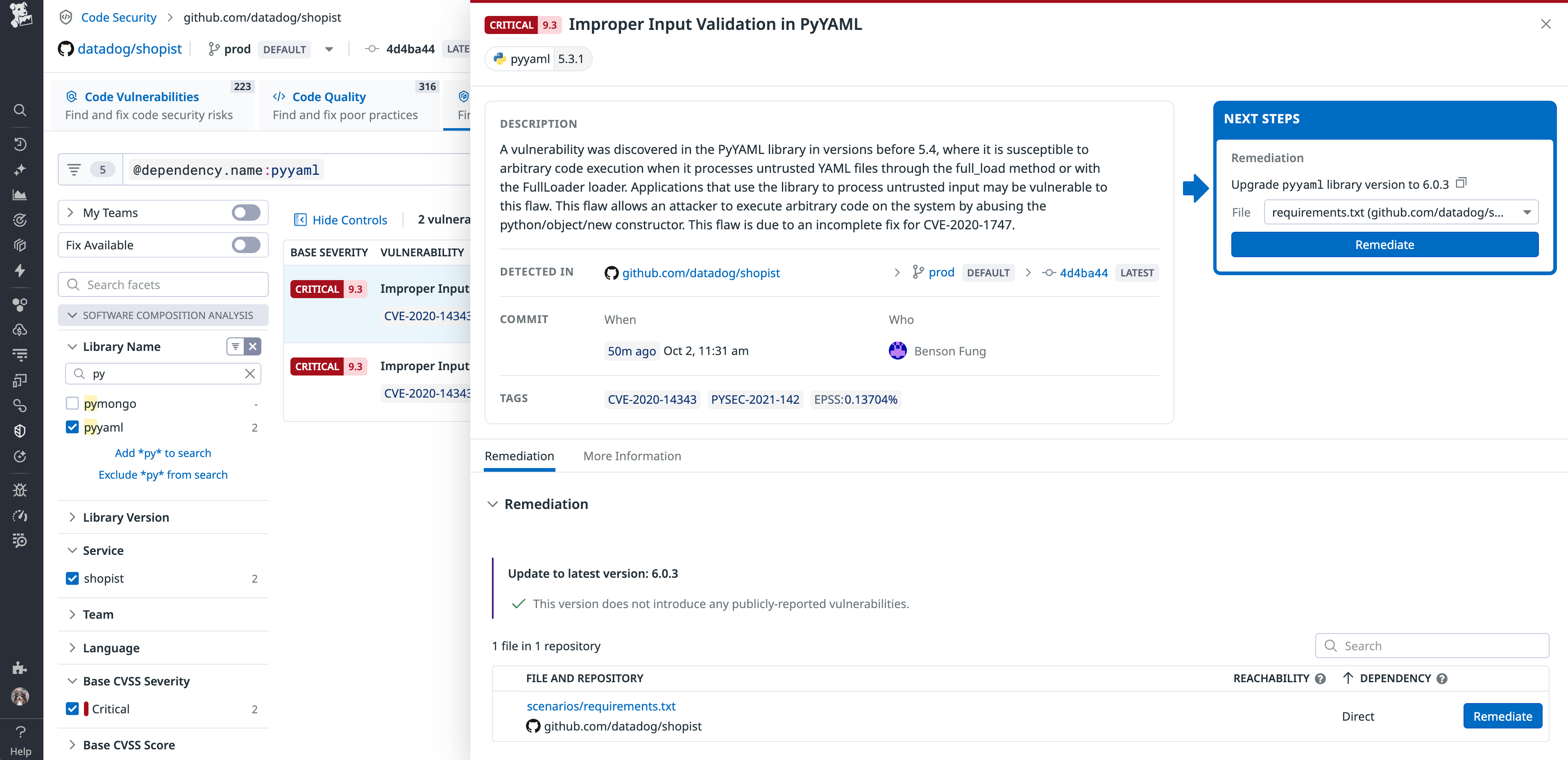 The details page for an untrusted data vulnerability shows that it was first detected three days ago in the Shopist repository.