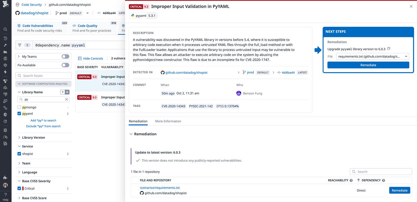 The details page for an untrusted data vulnerability shows that it was first detected three days ago in the Shopist repository. The details page for an untrusted data vulnerability shows that it was first detected three days ago in the Shopist repository.
