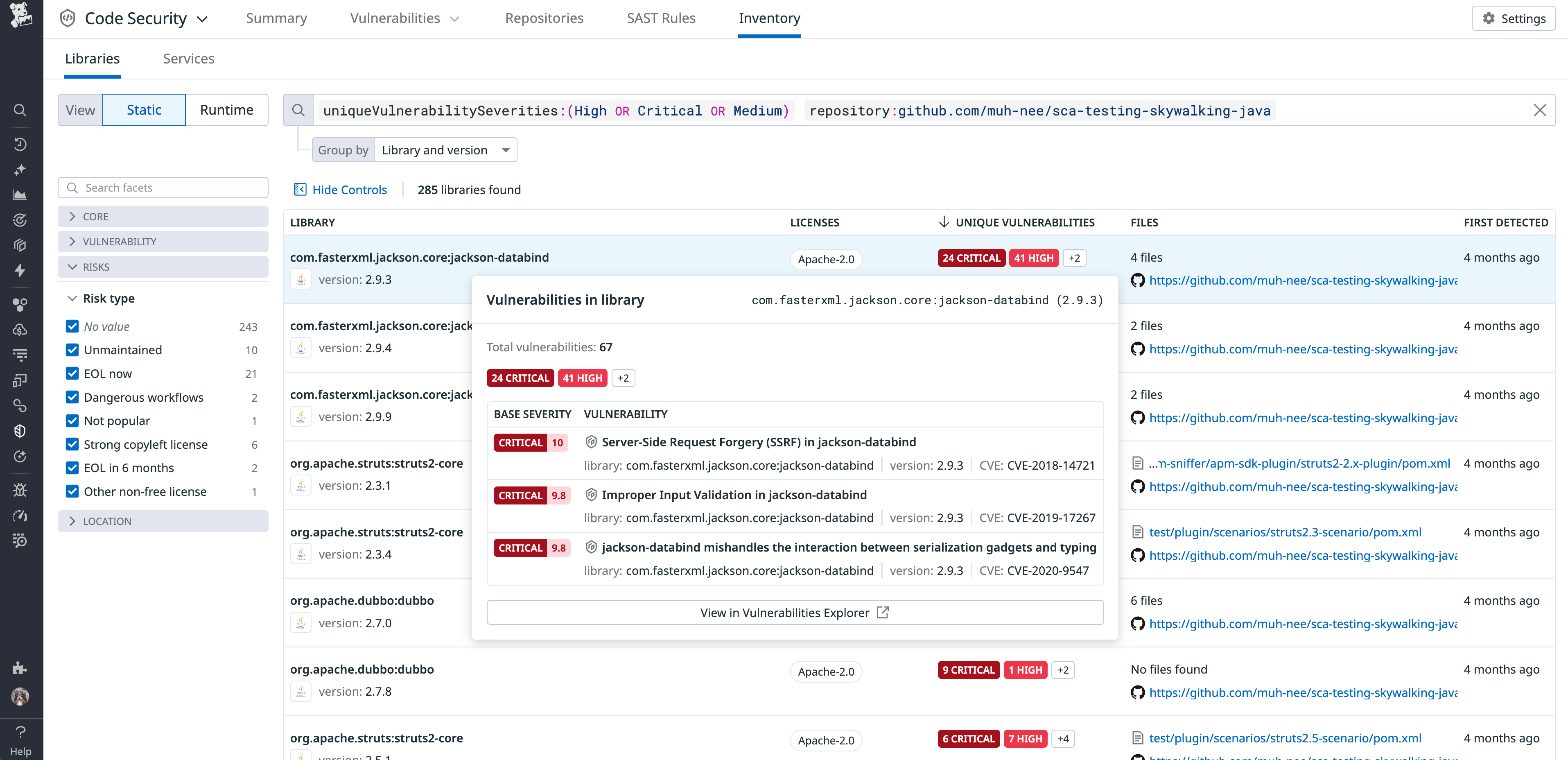 Datadog SCA Library Risks