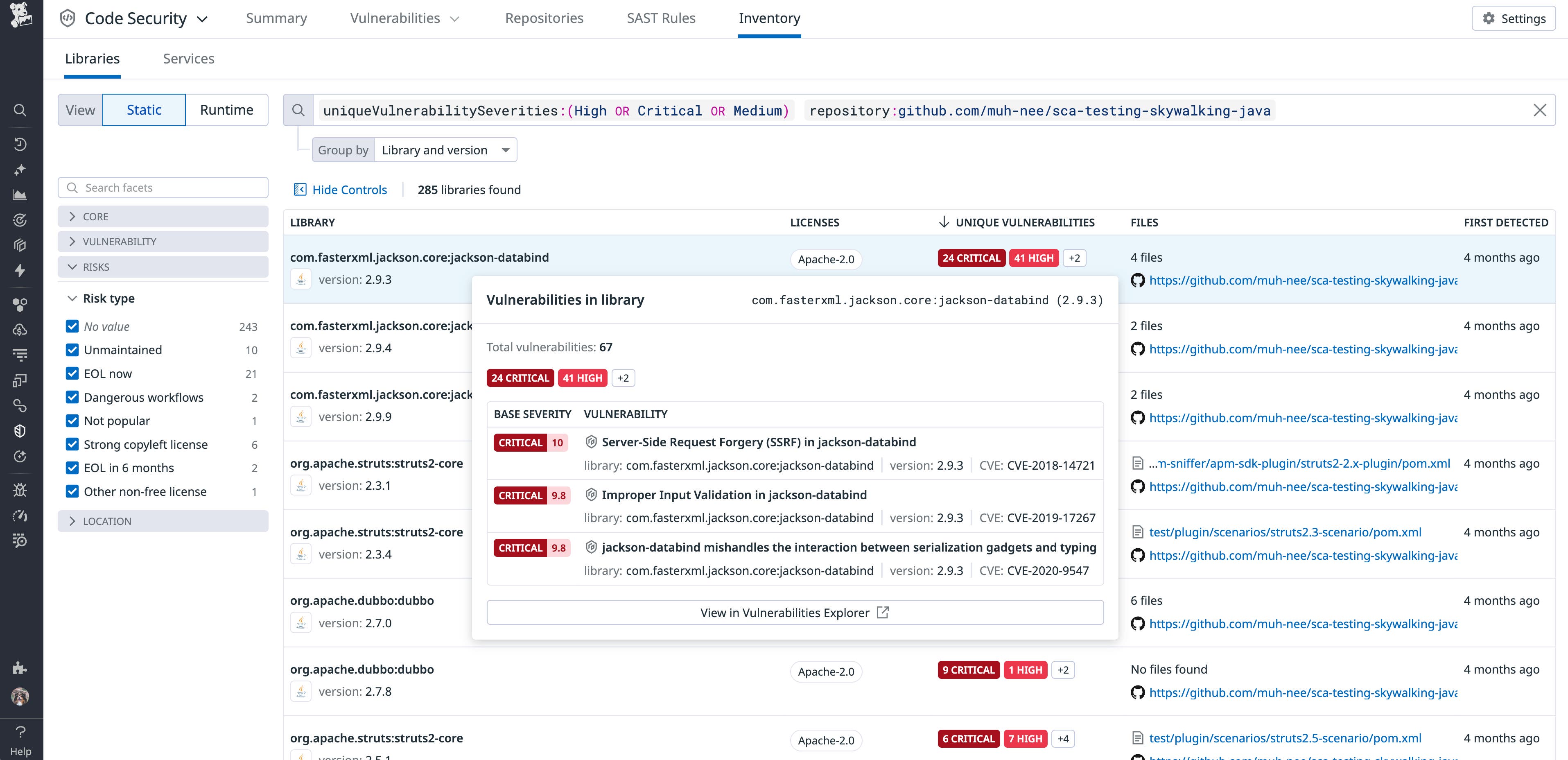 Datadog SCA Library Risks Datadog SCA Library Risks