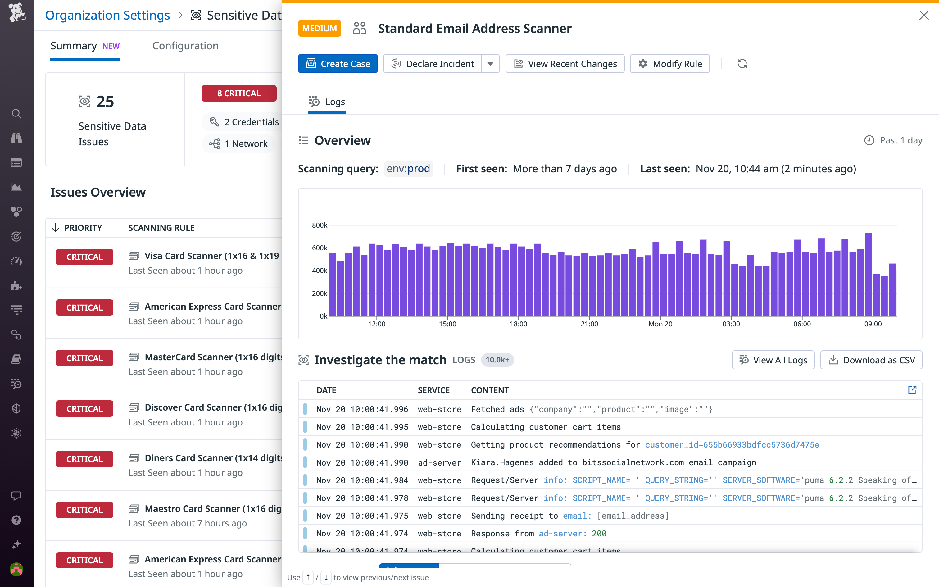 From the summary page, you can access a side panel for each issue from which you can jumpstart your investigation and response.