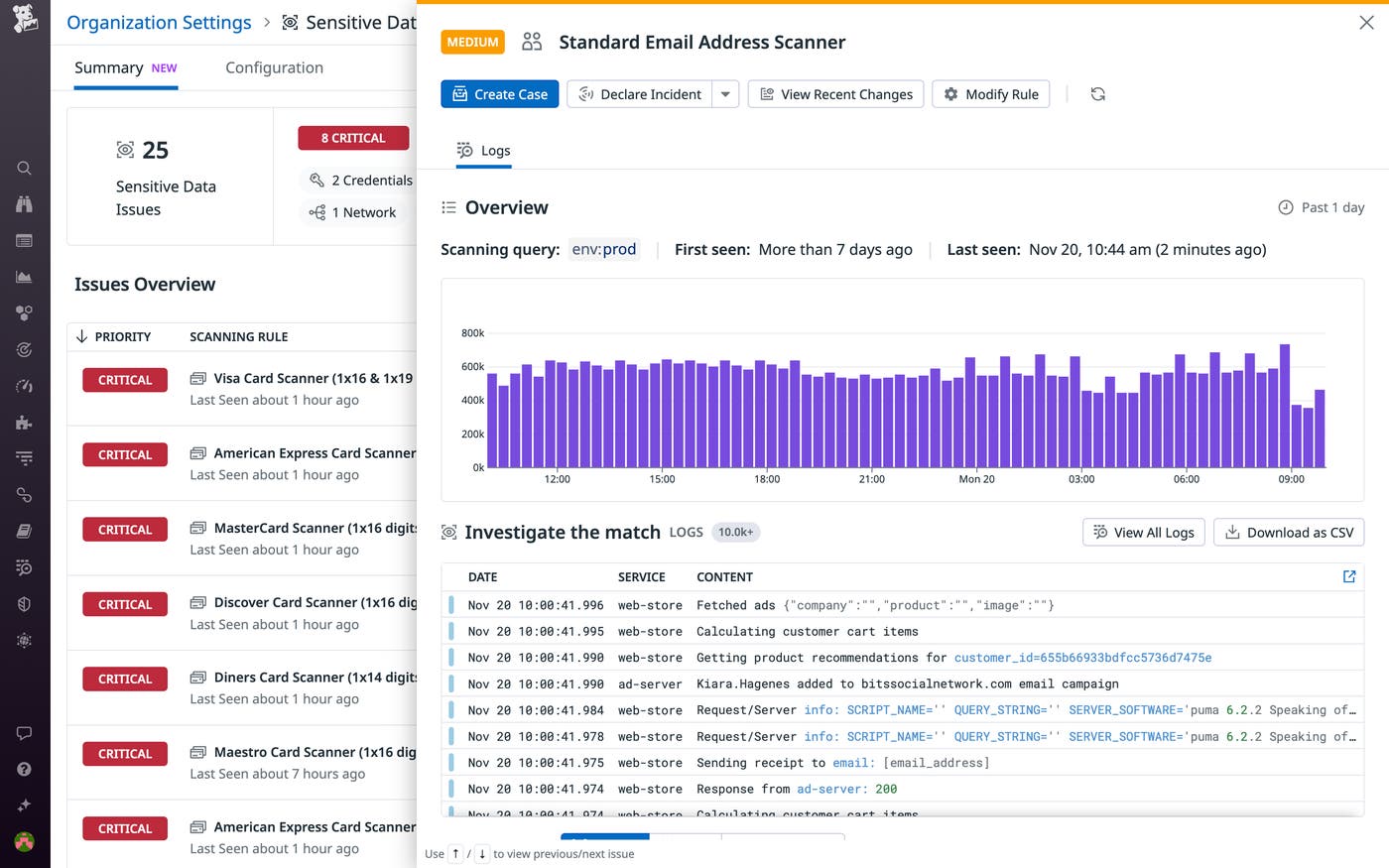From the summary page, you can access a side panel for each issue from which you can jumpstart your investigation and response. From the summary page, you can access a side panel for each issue from which you can jumpstart your investigation and response.