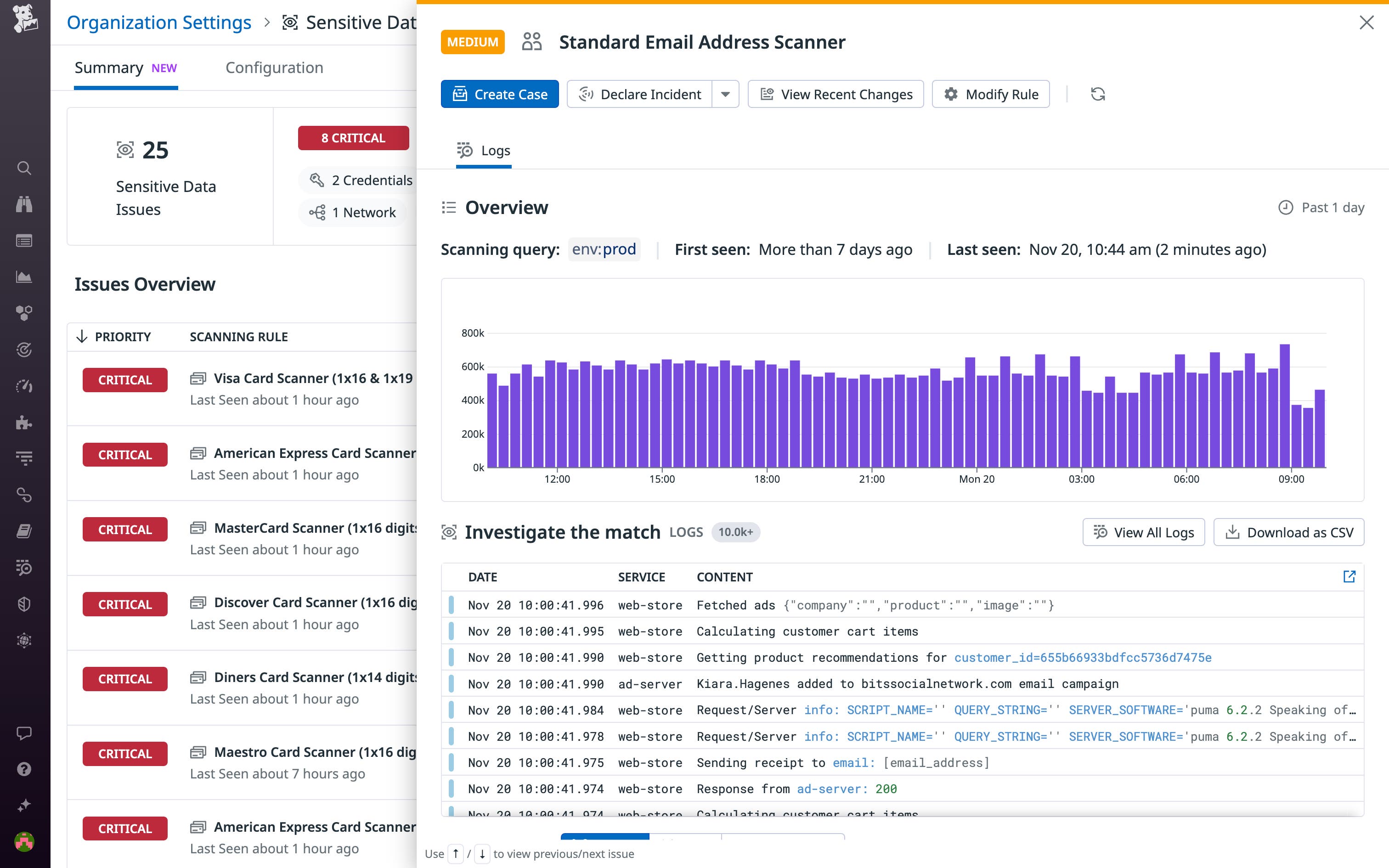 From the summary page, you can access a side panel for each issue from which you can jumpstart your investigation and response. From the summary page, you can access a side panel for each issue from which you can jumpstart your investigation and response.