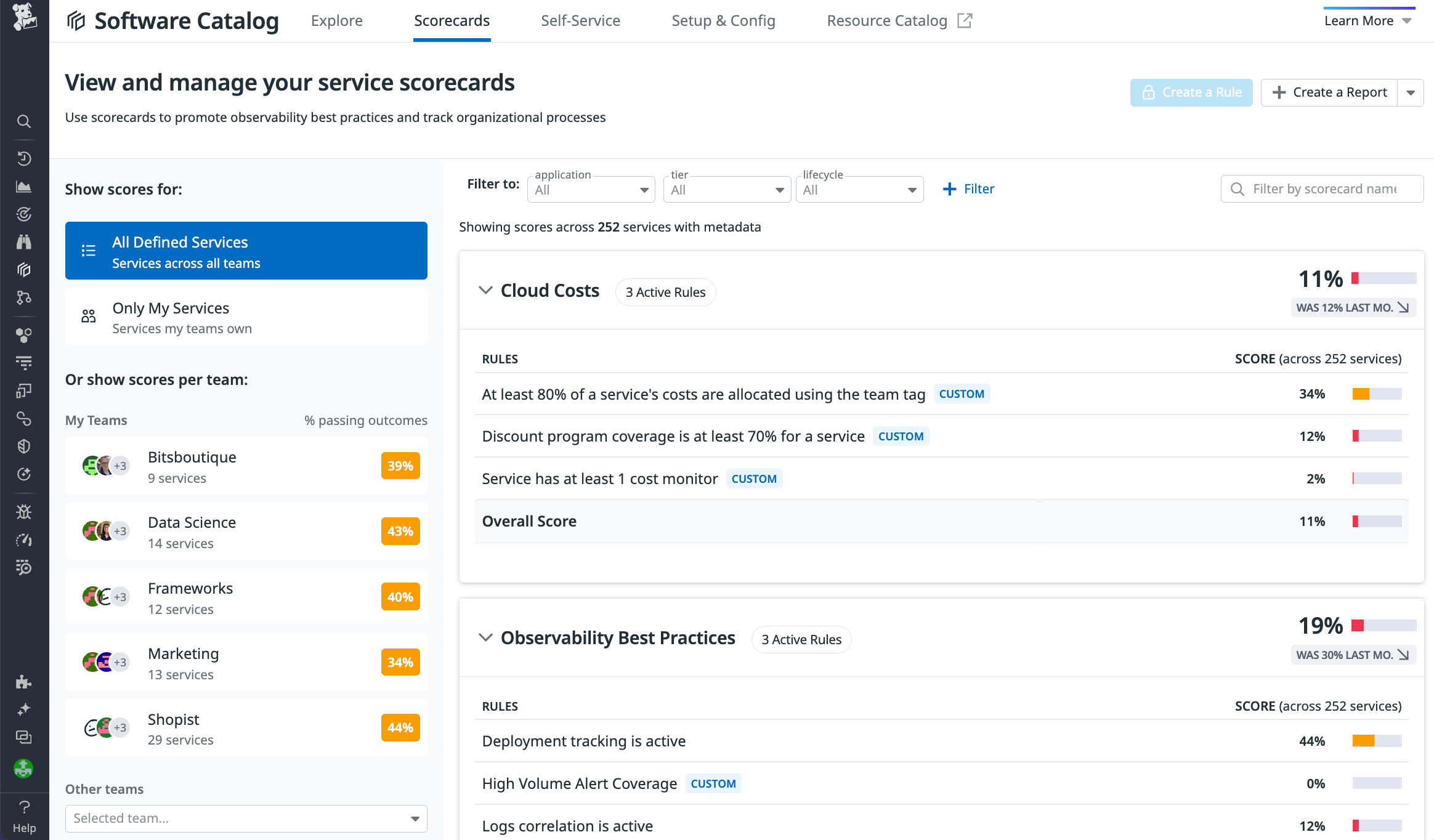 Scorecard results are included alongside other key service information in the Software Catalog