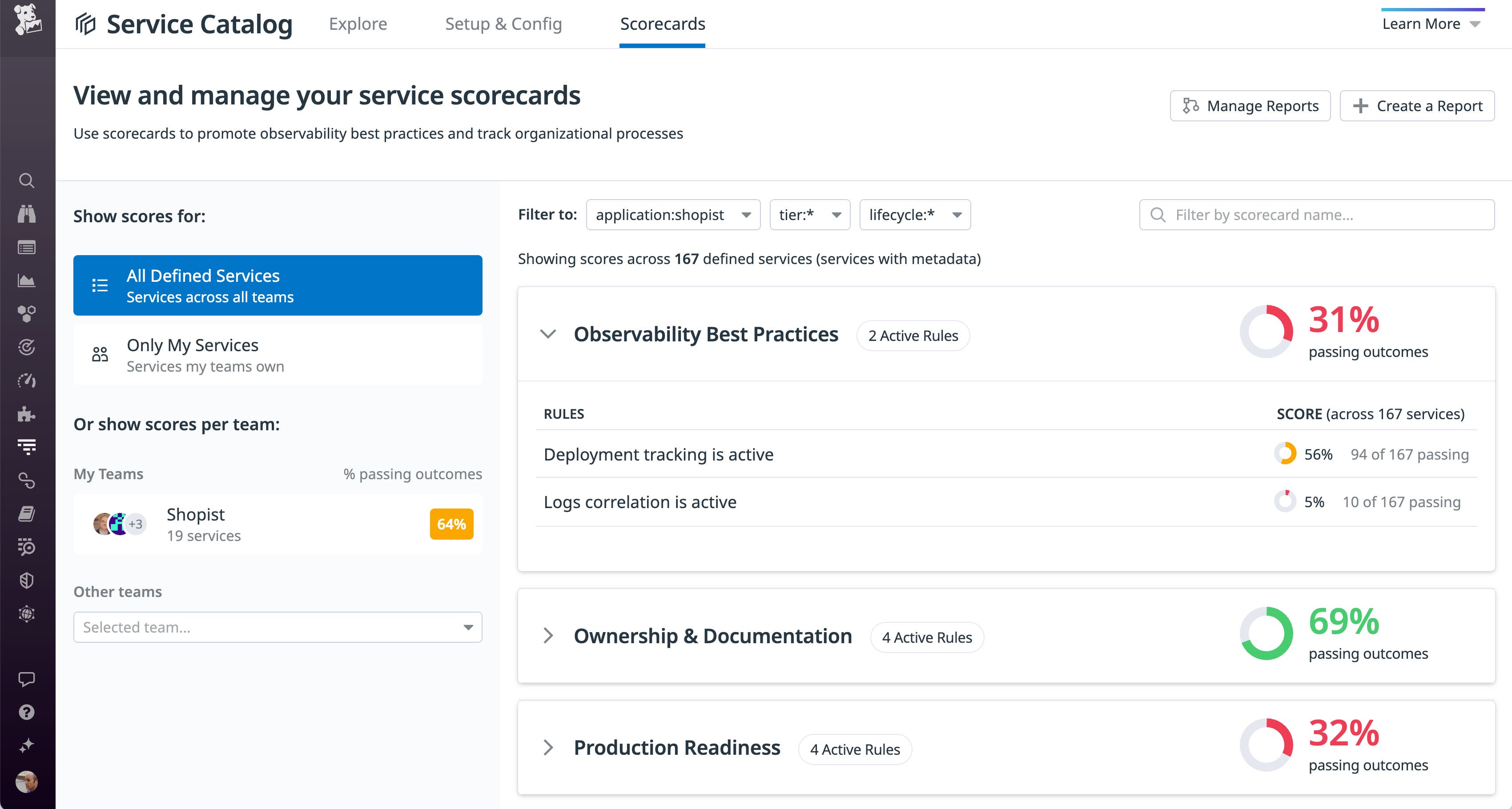 The Observability Best Practices scorecard is filtered to show scores for services from the shopist application. Two rules are listed; 56 percent of services are passing the first rule and 5 percent are passing the second. The Observability Best Practices scorecard is filtered to show scores for services from the shopist application. Two rules are listed; 56 percent of services are passing the first rule and 5 percent are passing the second.